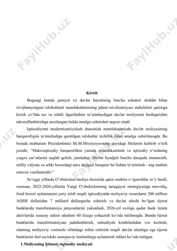 uvchi davlat organi (so’zlashuv tilida)2. arab tilidagi “mol”, ya’ni “boylik, mulk; pul jamg’armasi”, shuningdek, “moliyat”, ya’ni “pul mablag’lari; soliq” so’zlari ham moliyaga daxldordir3. lekin jahon iqtisodiy adabiyotida lug’aviy ma’nosi jihatidan o’zbekcha “moliya” iborasining frantsuzcha “finance”, lotincha “financia” va ruscha “finansi” kabi ekvi-valentlari yoki ma’lum ma’noda, sinonimlari4 qachon va qayerda paydo bo’lganligi haqida aniq ma’lumot yo’q5. ayrim olimlar “financia” (“finance”, “finansi” va h.k. shakllarda) tushunchasi aynan shu shaklda xiii-xiv asrlarda italiyaning savdo shaharlarida paydo bo’lgan va dastlab “pul to’lovi” ma’nosini anglatgan, degan fikrlarni olg’a surishadi. xalqaro savdo-sotiq ishlarining rivojlanishi mazkur iboraning italiyadan boshqa davlatlarga ham tarqalishiga sabab bo’lgan. xy asrda “financia” tushunchasi fransiyada “davlat daromadlari”, “pul summalari” ma’- nosida ishlatila boshlangan. boshqa tadqiqotchilar bu atama muomalada ilk bor frantsuz olimi j.boden tomonidan 1755 yilda nashr etilgan “respublika xususida olti kitob” nomli asarida ishlatilgan va shu tariqa bu atama yevropa dav-latlari hayotiga kirib kelgan, deb hisoblashadi6. yaratilayotgan moddiy ne’matlarni taqsimlash va qayta …
