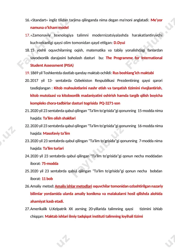 ayd etilgan: d.dyui 18. 15 yoshli o�quvchilarning o�qish, matematika va tabiiy yo�nalishdagi fanlardan savodxonlik darajasini baholash dasturi bu: the programme for international student assessment (pisa) 19. 1869 yil toshkentda dastlab qanday maktab ochildi: rus boshlang’ich maktabi 20. 2017 yil 13- sentabrda o�zbekiston respublikasi prezdentining qaysi qarori tasdiqlangan : �kitob mahsulotlarini nashr etish va tarqatish tizimini rivojlantirish, kitob mutolaasi va kitobxonlik madaniyatini oshirish hamda targ�ib qilish bo�yicha kompleks chora-tadbirlar dasturi to�g�risida� pq-3271-son 21. 2020 yil 23 sentabrda qabul qilingan "ta'lim to'grisida"gi qonunning 15-modda nima haqida: ta’lim olish shakllari 22. 2020 yil 23 sentabrda qabul qilingan "ta'lim to'grisida"gi qonunning 16-modda nima haqida: masofaviy ta’lim 23. 2020 yil 23 sentabrda qabul qilingan "ta'lim to'grisida"gi qonunning 7-modda nima haqida: ta’lim turlari 24. 2020 yil 23 sentabrda qabul qilingan "ta'lim to'grisida"gi qonun necha moddadan iborat: 75-modda 25. 2020 yil 23 sentabrda qabul qilingan "ta'lim to'grisida"gi qonun necha bobdan iborat: 11 bob 26. amaliy metod: amaliy …