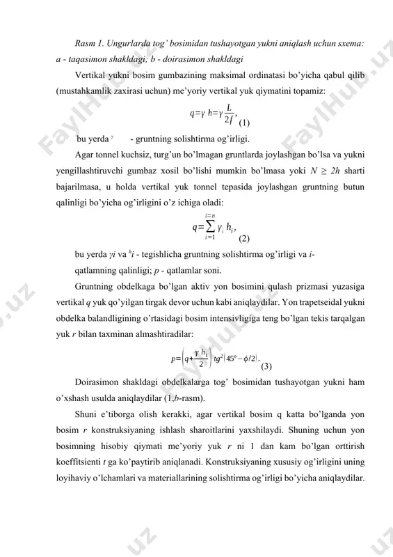tiladi, lekin bu obdelkaning ishiga ta’sir qilmaydi. har bir hisobiy yuk uning me’yoriy qiymatini shnq da keltirilgan tegishli orttirish koeffitsientiga ko’paytirib aniqlanadi. 2. tonnel obdelkasining statik ishlashining o’ziga xos xususiyatlari yer osti unguri qazilishi natijasida ochilib qolgan gruntlar konstruksiyaga faqatgina tog’ bosimini uzatib beribgina qolmasdan, obdelkaning grunt tarafiga deformatsiyalarini cheklaydi, konstruksiya bilan birga ishlaydi. ularning birga ishlashi uchun obdelka va grunt orasida mahkam kontakt bo’lishi kerak. bunga esa konstruksiyaning orqa tarafiga qum-sement qorishmasini purkash bilan erishiladi. gruntning deformatsiyalanish qobiliyati umumiy deformatsiya moduli eo va ko’ndalang deformatsiya koeffitsienti μp0 bilan xarakterlanadi. bu ko’rsatkichlardan prof. s.s. davidov va t.f.n. s.a. orlov tomonidan taklif etilgan va elastiklik nazariyasiga asoslangan yer osti konstruksiyalarini hisoblash uslublarida foydalaniladi. hozirgi paytgacha yer osti konstruksiyalarini hisoblashda gruntning elastiklik xossalarini baholash uchun oddiyroq usul qo’llaniladi. bu usul vinklerning gruntdagi kuchlanishlar va uning deformatsiyalari bir-biriga to’g’ri proporsional bog’langan degan gipotezasidan kelib chiqadigan mahalliy deformatsiyalar nazariyasini qo’llashga asoslangan: σ=kδ, (5) bu …
