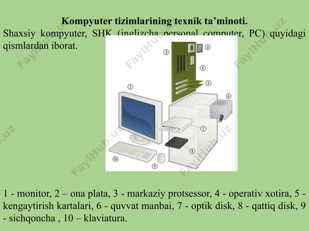 arni o`zaro bog`lovchi, foydalanuvchi bilan kompyuter o`rtasida muloqot o`rnatuvchi dasuriy vositadir. operatsion tizim turlari: windows 2007, 2008, 2010, unix, linux, mac oc va boshqalar. windows 10 operatsion tizimi. windows 10 operatsion tizimining birinchi oynasi quyidagicha bo`lib u ish stoli deyiladi. ish stolida turli xil dasturlar piktogrammalari joylashgan bo'ladi. piktogramma belgisini ikki marta bosish orqali dasur ishga tushiriladi. ushbu amallarni bajarish orqali qo'shimcha piktogrammalar yaratish mumkin: 1-qadam - ish stolining foniga sichqoncha o'ng tugmasi bosiladi. 2-qadam – hosil bo'lgan kontekst menyuda «новый» va «ярлык» buyruqlari tanlanadi. 3-qadam – yorlig'i yaratilishi kerak bo'lgan dastur yoki fayl topiladi. 4-qadam - yorliq nomlanadi va «готово» tugmasi bosiladi. ish stolining yana bir tarkibiy qismi - bu fondir. odatda kompyuterlarda oldindan tanlangan fon bo`ladi, ammo uni boshqa tasvirga o'zgartirish mumkin. fonni o'zgartirish uchun quyidagi amallarni bajaring: - orqa fonga sichqonchaning o'ng tugmachasi bosiladi va " персонализация" buyrug`i tanlanadi. - " персонализация " oynasida rasmlardan biri tanlanadi. …
