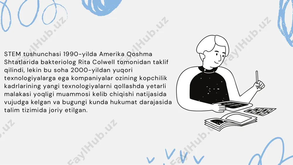 taliya, norvegiya, ruminiya, turkiya va buyoq britaniya davlatlari ishtirok etgan. ushbu proyektning yana bitta kozlangan maqsad stemni oqitish boyicha oquv materiallari va metodikalari majmuasi yaratilgan. bugungi kunda germaniya, xitoy, janubiy koreya, yaponiya, shvetsariya, singapur va boshqa dunyoninng yetakchi mamlakatlarida davlat darajasida joriy etilgan hamda bu yonalishda in genious”, mascil”, instem”, mind the gap”, er4stem” va nyuton al-farabi” kabi xalqaro loyihalar amalga oshirilgan. hattoki stem boyicha har yili xalqaro olimpiada otkaziladi. steam (science-fan, technology-texnologiya, engineering-muhandislik, art-sanat mathematics- matematika ) talimi - bu -real hayot talablaridan kelib chiqqan holda akademik ilmiy-texnikaviy konsepsiya doirasida integratsiyalashgan holda oqitishdir. integratsiyalashgan talimni joriy etishdan kozlangan maqsad bu talim jamiyat, ish va dunyoni bir butun holda tasavvur etish va ular ortasida barqaror aloqa ornatish; oquvchilarda tabiatni butun bir borliq sifatida, olamning yagona manzarasini anglashi, ekologik muammolarni tushunishi hamda tabiiy resurslardan oqilono foydalanish konikmalarini, tabiat va jamiyat taraqqiyotiga oz hissasini qosha oladigan kompetent shaxsni tarbiyalash; steam talimining muhimligi …