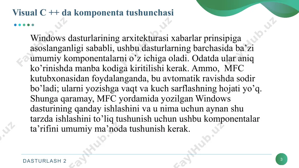 i notanish xususiyatlarni ko'rib chiqamiz. anchor — komponentaning sobit holatini belgilaydi. agar siz formani foydalanuvchi undan foydalanishi jarayonida o'lchamini o'zgartira oladigan qilib yaratgan bo'lsangiz, unda sizning formangiz tarkibiy qismlari ham mos ravishda hajmini o'zgartirishlari kerak. agar tarkibiy qism formaga "bog'langan" bo'lsa va forma hajmi o'zgarsa, “bog'lanish" holatida komponenta o'zi va langar nuqtasi orasidagi masofani avtomatik o’zgartiradi. anchor xususiyati autosize xususiyati bilan o'zaro ta'sir qiladi. dasturlash 2 button komponentasi xususiyatlari 10 dasturlash 2 button xususiyatlari (properties) 11 autoellipsis — bu xususiyat matnning o'ng tomonida ellips paydo bo'lish-bo'lmasligini aniqlaydi, bu esa matn komponentaning o'lchamlari uchun ajratilgan chegaradan tashqariga chiqishini bildiradi. agar siz xususiyatning qiymatini “true” ga o'rnatgan bo'lsangiz, foydalanuvchi sichqonchani komponenta ustiga o'tkazganda (dastur ishlayotgan vaqti), komponentaning pastki qismidan tashqariga chiqadigan matn ko'rsatma sifatida ko'rsatiladi. ammo esda tuting: xususiyatga “true” o'rnatish uchun, autosize xususiyati “false” bo'lishi kerak. agar autosize “true” bo'lsa, ellips hosil bo'lmaydi. dasturlash 2 autoellipsis xususiyati bilan ishlash. 12 dasturlash …
