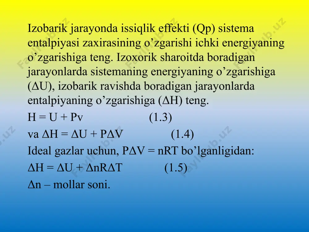 temperaturaga bog’liq bo’ladi. qanday bo’lmasin biror moddani, masalan, 10 dan 110с gacha yoki 100 dan 1010 gacha istish uchun turli miqdorda issiqlik kerak bo’ladi. shunga ko’ra, chin va o’rtacha issiqlik sig’imi tushunchalari kiritilgan. modda t1 dan t2 gacha isitilganda sarflangan issiqlik miqdorining (q) temperaturaning o’zgarishiga nisbati o’rtacha issiqlik sig’imi (c) deyiladi. o’rtacha issiqlik sig’imi: ga teng. bu yerdа m – moddaning massasi; n – mol soni. demak, т1 – t2 chegarasida issiqlik sig’imi temperaturaga bog’liq bo’lmasdan, o’rtacha с, сv, cp qiymatga ega. kalorimetrik usul haqida ma’lumot kalorimetriya (lot. calor — issiqlik va ... metriya) — turli fizik, kimyoviy va biologik jarayonlarda sodir boʻladigan issiklik effektlari (issiqlik miqdorlari)ni oʻlchash usullari majmui. xususan, k. usullari bilan jismlarning issiqlik sigʻimi, fazaviy oʻtishlar issiqligi (erish, qaynash va b.), kimyoviy reaksiyalarda ajraladigan issiqlik effektlari, radioaktiv yemirilishlar, tirik organizmlarda moddalar almashinuvi va b. aniklanadi. kalorimetr kimyoviy reaksiya yoki jismoniyo'zgarishlarning issiqlik oqimini o'lchash uchun ishlatiladigan qurilma. bu …