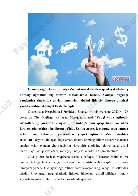 inlanish huquqidan mahrum bo’lmaydi. 2. davlat ijtimoiy sug’urtasi hisobidan beriladigan ta’minot turlari davlat ijtimoiy sug’urtasi hisobidan beriladigan ta’minot turlariga quyidagilar kiradi: - vaqtincha mehnatga qobiliyatsizlik nafaqalari. ayollar uchun bundan tashqari, homiladorlik va tug’ish nafaqalari; - bola tug’ilganda beriladigan nafaqalar; - davlat tomonidan beriladigan yoshga doir, nogironlik va boquvchisini yo’qotganlik pensiyalari; - qonun hujjatlarida nazarda tutilgan boshqa to’lovlar bilan ta’minlanadilar. vaqtincha mehnatga qobiliyatsizlik nafaqasi ishchi xodim kasal bo’lganda, mehnatda mayib bo’lgan yoki boshqacha tarzda shikastlanganda, shu jumladan, turmushda jarohatlanganda, oilaning betob a’zosini parvarish qilganda, karantin e’lon qilinganda, sanatoriy-kurortda davolanganda va protez qilinganda to’lanadi. vaqtincha mehnatga qobiliyatsizlik nafaqasi mehnatda mayib bo’lgan va kasb kasalligiga chalinganda ish haqining to’liq miqdorida, boshqa hollarda esa, xodimning davlat ijtimoiy sug’urtasi badallarini to’lagan muddatiga (umumiy ish stajiga), qaramog’idagi voyaga yetmagan bolalarining soni va boshqa holatlarga qarab, ish haqining oltmish foizidan yuz foizigacha miqdorda to’lanadi. vaqtincha mehnatga qobiliyatsizlik nafaqasining eng kam miqdori qonun hujjatlarida belgilangan mehnatga haq to’lash …
