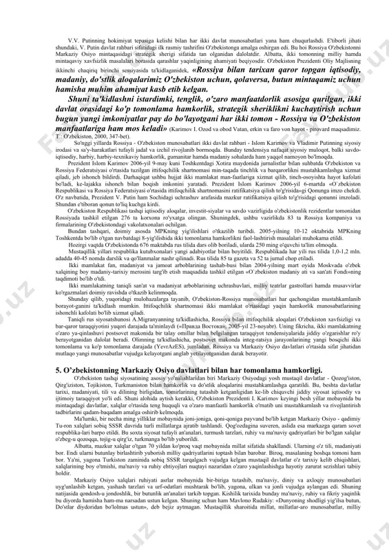 i sezildi. davlatlar va xalqlar o'rtasida o'zaro birlashishga intilishni kuchaytirgan, ayni vaqtda milliy xususiyatlar, an'analar va ma'naviy merosni saqlab qolish orqali mustaqil siyosiy tamoyillarni ishlab chiqish zarur bo'ldi. turli davlatlararo va hukumatga daxli bo'lmagan xalqaro tashki-lotlarning ahamiyati oshib, dunyo yangi tizimga o'tishi davrida ular-ning faoliyatini qayta qurish va isloh etish ehtiyoji tug'ildi. bu o'z navbatida nega shunday qilish kerak, degan haqli savolni tug'diradi. buning javobi oddiy: ko'pchilik xalqaro tashkilotlarning faoliyatlari asosan davlatlarning o'zaro murosasini ta'minlashga qa-ratilgan edi, xolos. bugungi ahvol xalqaro tashkilotlardan eng yirik muammolarga ahamiyat berishni, jarayonlar ichiga kirib borishni, ta'sir doirasini kengaytirishni, hech bo'lmaganda, hammaga barobar odilona va xo-lisona munosabatda bo'lishni talab etadi. beshinchidan, rivojlanishning hozirgi bosqichida har qanday mamlakatning nufuzi, avvalo, uning eng yangi texnologiyalarni qa-bul qilish va foydalanish qobiliyatiga qarab belgilanadigan bo'ldi. yuqoridagilardan kelib chiqib, xulosa qilinsa, o'zbekistondagi o'tish davri boshqa yosh mustaqil mamlakatlarga nisbatan samara-liroq bo'ldi. natijada o'zbekiston jahon iqtisodiy, ijtimoiy-siyosiy jarayonlariga tezroq kirib bordi …