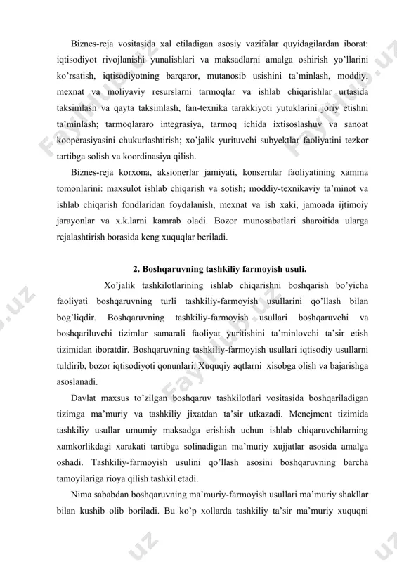 kazadi. menejment tizimida tashkiliy usullar umumiy maksadga erishish uchun ishlab chiqaruvchilarning xamkorlikdagi xarakati tartibga solinadigan ma’muriy xujjatlar asosida amalga oshadi. tashkiliy-farmoyish usulini qo’llash asosini boshqaruvning barcha tamoyilariga rioya qilish tashkil etadi. nima sababdan boshqaruvning ma’muriy-farmoyish usullari ma’muriy shakllar bilan kushib olib boriladi. bu ko’p xollarda tashkiliy ta’sir ma’muriy xuquqni qo’llash, ya’ni qaror va farmoyishlarni amalga oshirishga asoslanadi. lekin, «boshqaruvning tashkiliy-farmoyish usuli» tushunchasi «ma’muriy boshqaruv usuli» tushunchasidan bir muncha kengdir, chunki tashkiliy-farmoyish usullari boshqaruvning turli darajalariga turli kulamda va shaklda tashkiliy ta’sir etishni urganish masalalarini xam kamrab oladi. tashkiliy-farmoyish usullari tashkiliy aniqlikni ta’minlaydilar, tashqiy tizim, boshqaruvning xar bir bo’g’ini vazifalarini belgilab beradi, boshqaruv apparati intizomi va faoliyati samaradorligini ta’minlaydi, ishda tartib o’rnatadi, qaror. farmoyishlarni bajaradi, qadrlarni tanlaydi va joy-joyiga kuyadi va x.k. boshqaruvning tashkiliy farmoyish usullari ularning ishlab chiqaruvchilarga ta’sir etish manbaalari va yunalishlari bo’yicha turlarga ajratiladi. bunga bog’liq xolda ta’sir etishning tashkiliy-farmoyish usullari uch guruxga bo’linadi: tashkiliy-barqarorlashtiruvchi, farmoyish va intizom. …