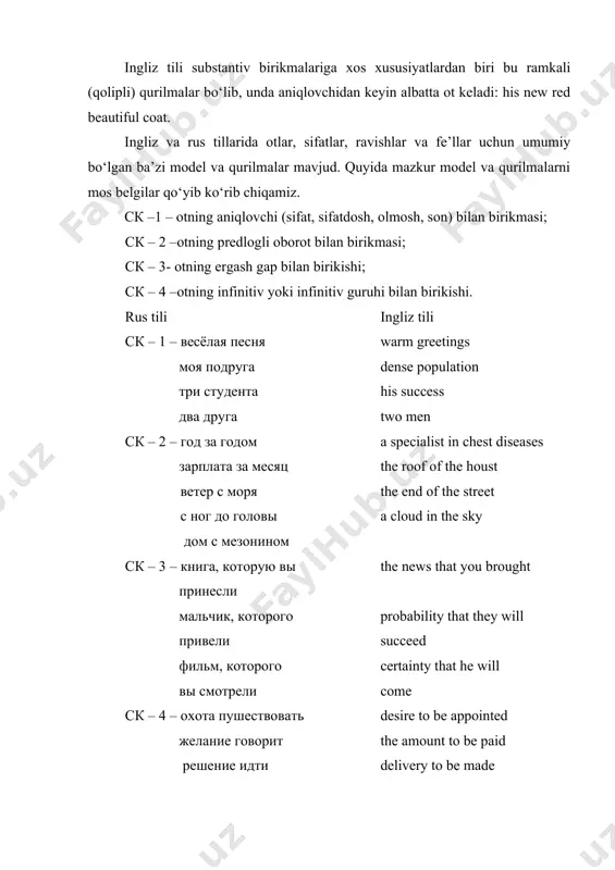 g ot bilan (гк-1), to‘ldiruvchi ergash gap bilan (гк-2), infinitiv bilan (гк-3), ergash gaplar bilan (гк-4) hamda ravishning ravish bilan (нк-1) va ravishning ot bilan (нк-2) kelgan qurilmalarini kuzatishimiz mumkin. rus tili ingliz tili гк-1 писать пиьма to name their son видеть друга to call a dog смотреть фильм to show a picture встречать поезд to explain the difficulty гк-2 запретили разговаривать to come to see просим приехать wait to hear советую подождать stop to say, want to go гк-3 не знала, что ты на i wonder why he has come свете есть говорят, что она приехала i don’t mind where we go гк-4 выражаться точно to turn back рассказывать увлекательно to rise early писать грамотно to go anywhere нк-1 очень далеко very well слишком громко very fast нк-2 далеко от дома quite a child незадолго до экзаменов almost a man нк-2 tipidagi, masalan, rus. «директор наверху», «шаг вперед» // …