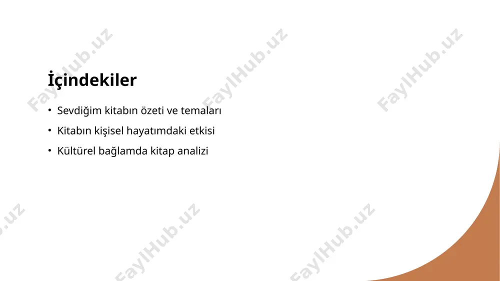 lamlı hale geldi. 04 hayal gücünün gelişimi sevdiğim kitap, hayal gücümü geliştirerek yaratıcı düşünme becerilerimi artırdı. bu, yaşamımda farklı perspektifler kazanmayı sağladı ve yaratıcı projelere ilham verdi. eserin kişisel gelişimime katkıları: değerler ve öğretiler. 1 değerlerin keşfi sevdiğim kitap, değerlerimi sorgulamama ve yaşam felsefemi şekillendirmeme yardımcı oldu. karakterlerin seçimleri, benim için moral ve etik dersler sundu. 2 öğrenilen dersler kitapta karşılaştığım zorluklar, dayanıklılığı ve azmi öğretti. bu öğretiler, kişisel gelişimimde büyük bir etki yaratarak beni daha güçlü kıldı. 3 empati ve anlayış eser, farklı bakış açılarını anlama yeteneğimi geliştirdi. karakterlerin yaşadığı duygusal süreçler, empati duygumu derinleştirerek insan ilişkilerimde olumlu değişiklikler sağladı. sevdiğim kitabın kültürel temsili ve etkileri. 01 eserin temsili sevdiğim kitabın kültürel temsili, yazarın ait olduğu toplumu yansıtır. karakterler ve olaylar, o dönemin sosyal dinamiklerini ve değerlerini gözler önüne serer. 02 kültürel etkiler kitap, okuyucular üzerinde derin bir etki bırakır. gelenekler, inançlar ve yaşam tarzları üzerinden, bireylerin perspektiflerini zenginleştirir …