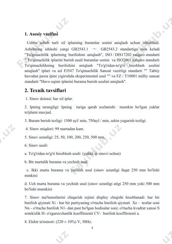 mkin va sinov jarayonida boshqa oldingi testlarning sinov ma'lumotlari ko`rish uchun foydalanish mumkin. (3) turn up tugmachasi sozlash jarayonida sinov parametrlarini o'zgartirish uchun ishlatilishi mumkin va u hozirda "+" sifatida ishlatiladi. harakatda (faqat to'g'ridan-to'g'ri hisoblash usulida qo'llaniladi), u uchun qo`llaniladi. (4) turn down tugmachasi sozlash jarayonida sinov parametrlarini o'zgartirish uchun foydalanish mumkin va bu vaqtda u "-" deb hisoblanadi. harakatda (faqat to'g'ridan-to'g'ri hisoblash usulida qo'llaniladi), u yana buramni sekin aylantirish sekin aylanadi. (5) start (ishga tushirish) tugmasi boshlash uchun ishlatiladi. (6) stop (to'xtatish) tugmasi to'xtatish uchun ishlatiladi. (7) clean (tozalash) tugmasi ish paytida xatolik yuz berganda tozalash uchun ishlatiladi. (8) stat ( statistik kalit.) test tugagandan so'ng har xil ma'lumotlar statistikasi uchun ishlatiladi 5. ishlash tartibi 1. 1-qadam: quvvatini yoqing va nol ko'rsatkichi yoqilganligini tekshiring. agar u yoqilgan bo'lsa, demak u nol holatida agar u yoqilmagan bo'lsa, siz nol holatini sozlashingiz kerak. 2. 2-qadam: kerakli parametrlarni o'rnating. o'rnatish bosqichlari: (1) …