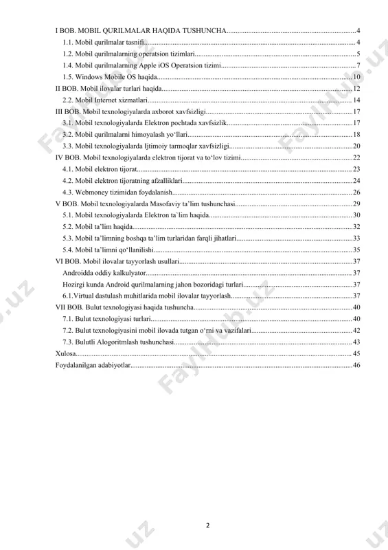 jud. mobil texnologiya uchun quyidagi dasturiy ta’minotlar mavjud: · operatsion sistemalar; · ofis dasturlari (ilovalari); · antivirus dasturlari; · grafik redaktorlar; · o’yinlar (java tilida) va h.k. masalan, ofis ilovalar matn va jadvallar bilan ishlashda, hujjatlarni boshqarishda, ma’lumotlarni tartiblashda va axborotni har jihatdan qulay jo’natishni ta’minlaydi. antivirus dasturlar qurilmani va ilovalarni zararli viruslardan himoya qiladi va h.k. mobil texnologiya uchun eng ko’p tarqalgan ilovalar bu – o’yinlar, pleerlar va navigatorlarni tashkil etadi. i bob. mobil qurilmalar haqida tushuncha smartfonlar, planshetlar va elektron o'quvchilar - barcha mobil qurilmalar.’mobil qurilma’ har qanday ko'chma kompyuter yoki smartfon uchun umumiy atama hisoblanadi. atamani’qo'l’,’qo'l qurilmasi’ va’qo'l kompyuter’ bilan almashtirish mumkin. tabletkalar, elektron o'quvchilar, aqlli telefonlar, pdalar va aqlli qobiliyatli ko'chma musiqa pleyerlari barcha mobil qurilmalardir. mobil qurilmalarning xarakteristikalari mobil qurilmalar shu kabi xususiyatlarga ega. ular orasida: - wi-fi yoki internetga uyali kirish - qurilmani bir necha soat quvvatlaydigan batareya - ma'lumot kiritish uchun jismoniy yoki …