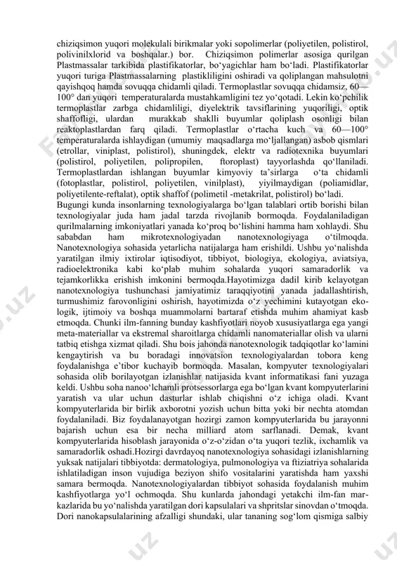 konstruktsiyalash printsipini o‘zgartirishni talab qiladi. kompozitsion materiallar o‘zaro uncha ta’sirlashmaydigan, kimyoviy jihatdan har xil bo‘lmagan komponent (aralashma) larning hajmiy birikishidan hosil bo‘ladigan va komponentlar bir-biridan aniq chegara bilan ajralib turadigan materiallar. har qaysi komponentning eng yaxshi xossalari (mustahkamligi,yeyilishga chidamliligi va boshqalar.)ni o‘zida mujassamlashtirganligi uchun kompozitsion materiallar ularning hech biriga xos bo‘lmagan ko‘rsatkichlar bilan ifodalanadi. odatda, kompozitsion materiallar plastik (metall yoki nemetall — anorganik yoki organik) asos yoki matritsa hamda qo‘shilmalar: metall kukunlari,tolalar, ipsimon kristallar, yupka payraha, gazlama va boshqalardan iborat bo‘ladi. kompozitsion materiallar turlari: tolali (tolalar yoki ipsimon kristallar bilan mustahkamlangan); dispersion-zichlangan (dispers zarralar bilan mustahkamlangan) va qatlamli (turli xil materiallarni presslab yoki prokatlab olingan). kompozitsion materiallar tayyorlashning muhim texnologik usullari: armaturalovchi (mustahkamlovchi) tolalarga matritsa materiali shimdirish; mustahkamlagich va matritsa lentalariga press-qolipda shakl berish;komponentlarni sovuqlayin presslab, keyin qovushtirish; mustahkamlagichga matritsani purkab, keyin qisish; komponentlarning ko‘p qatlamli lentalarini diffuziya usulida payvandlash; armaturalovchi elementlarni matritsa bilan birga prokatkalash va ho kazolar.kompozitsion bilan …
