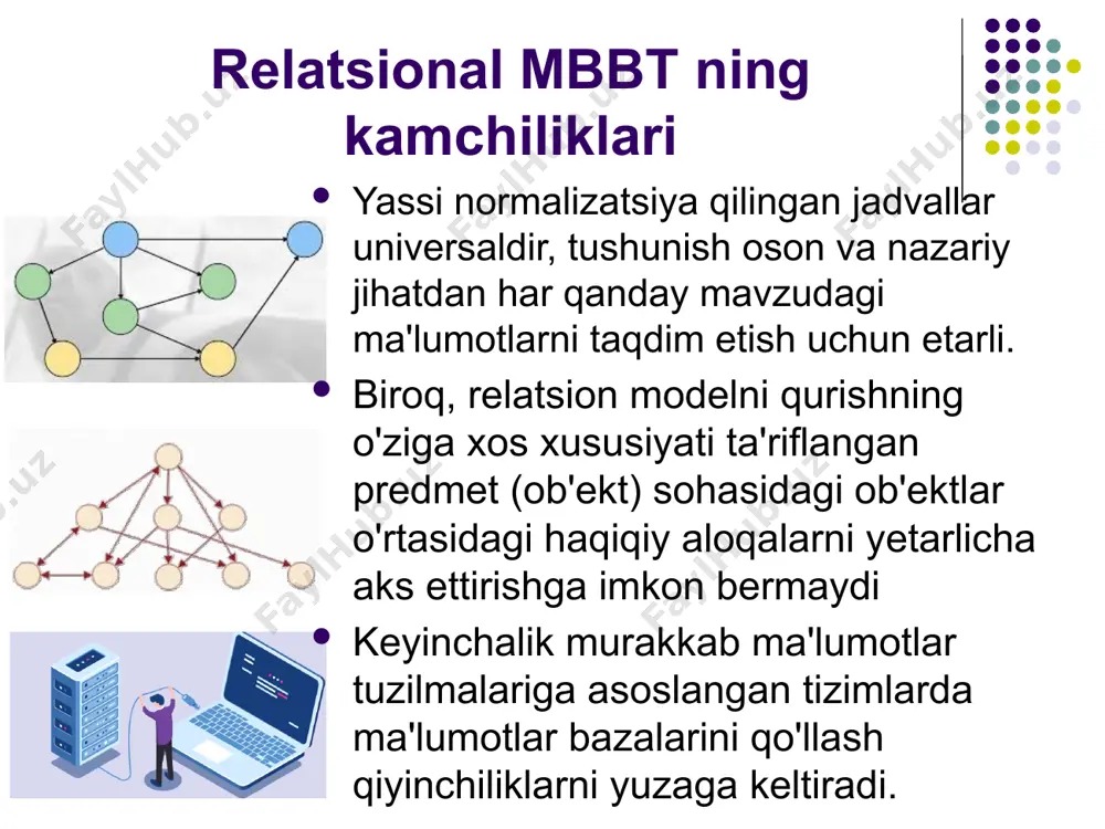 akkab ma'lumotlar bilan ishlash qobiliyatining yo'qligi oltp va olap kontseptsiyalarni ishlab chiqish yo'nalishlarini axborot tizimlari: • operatsion (tranzaksiya) qayta ishlash tizimlari: oltp (online transaction processing) • analitik qayta ishlash tizimlari (qarorlarni qo'llab-quvvatlash tizimlari): olap (online analytical processing) oltp va olap ning tizim xususiyatlarini taqqoslash tizimli xususiyatlari (oltp) – tizimi olap –tizimi foydalanuvchining o'zaro ta'siri tranzaksiya darajasida butun ma'lumotlar bazasi darajasida foydalanuvchi tizimga kirganda ishlatiladigan ma'lumotlar alohida yozuvlar yozivlar guruhi javob vaqti soniyalarda bir necha soniyadan bir necha daqiqagacha uskuna resurslaridan foydalanish barqaror dinamik ma'lumotlarning tabiati asosan birinchi bo`lish (tafsilotning eng past darajasi) аsosan hosilalari (xulosa qiymatlari) ma'lumotlar bazasiga kirishning tabiati oldindan belgilangan yoki statik kirish yo'llari va ma'lumotlar aloqalari aniqlanmagan yoki dinamik kirish yo'llari va ma'lumotlar aloqalari ma'lumotlarning o'zgaruvchanligi yuqori (ma'lumotlar har bir tranzaksiya bilan yangilanadi) kam (so'rov paytida ma'lumotlar kamdan-kam yangilanadi) ustuvorliklar yuqori ishchanlik yuqori mavjudligi moslashuvchanlik foydalanuvchini avtonomligi olap da relyatsion atamalar va tushunchalar va ularning ekvivalentlarini taqoslash. …