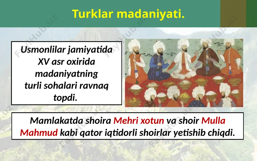 a erishganlar. yog‘och va jezdan yasalgan haykallar va niqoblar nafisligi bilan odamlarni hozirgi kungacha hayratlantirib kelmoqda. benindagi shoh saroyidan jezdan ishlangan podsho va a’yonlarning bo‘rtma rasmlari topilgan. ularda ov va urushlar, shuningdek, saroy hayoti sahnalari aks ettirilgan. benindagi shoh saroyida jezdan ishlangan jangchi nog‘orachi afrika xalqlarining o‘rta asrlardagi taraqqiyoti osiyo va yevropa davlatlaridagiga nisbatan birmuncha orqada bo‘lishiga qaramasdan aholi xo‘jalikda muvaffaqiyatlarga erishib, o‘ziga xos moddiy va ma’naviy madaniyat yaratdi. savol va topshiriqlar 1. usmonli turklar madaniyatidan nimalarni eslab qoldingiz? 2. koreya madaniyatiga oid asosiy yutuqlarni sanab o‘ting. 3. amerikaning qaysi tub xalqi piktografiya yozuvini yaratgan, yana qanday yozuvlarni bilasiz? 4. maorifdagi o‘ziga xosliklar nimalarda aks etgan? 5. afrika xalqlari madaniyati haqida so‘zlab bering. image2.jpg image3.jpg image4.jpeg image5.jpeg image6.jpeg image7.jpeg image8.jpg image9.jpeg image10.emf image11.png image12.emf image13.png image14.jpeg image15.jpeg image16.emf image17.jpeg image1.jpg