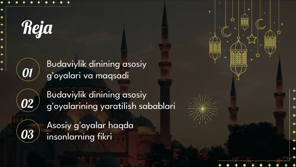 ydilar. buddaviylikning madaniy merosi juda boydir. u boshqa dinlar bilan hamkorlikda tinchlik va o'zaro hurmatni rivojlantirishga yordam beradi. buddaviylik, shuningdek, san'at va adabiyotga katta ta'sir ko'rsatgan, bu esa madaniyatni boyitadi va xilma-xillikni qo'llab-quvvatlaydi. buddaviylik tabiatga nisbatan juda ehtiyotkorona munosabatda bo'ladi. u tabiatni muhofaza qilishni va barqaror rivojlanishni ta'minlaydigan tamoyillarni o'z ichiga oladi. buddaviylar tabiatni asrab-avaylashni o'zlarining ma'naviy vazifasi deb biladilar va bu orqali ekologik muvozanatni saqlashga yordam beradilar. zamonaviy hayotda buddaviylikning o'rni muhimdir. u stress, depressiya va ichki xotirjamlik kabi zamonaviy muammolarga yechimlar taklif etadi. buddaviylik globalizatsiya jarayonida ham o'zining ahamiyatini yo'qotmaydi. buddaviylikni o'rganish va tarqatishda buddaviy o'qituvchilarining roli katta. turli mamlakatlarda buddaviylik ta'limini olish imkoniyatlari mavjud, bu esa diniy bilimlarni kengaytiradi. buddaviylik va zamonaviy dunyo buddaviylik dinining asosiy g'oyalari buddaviylik va uning tarixi buddaviylik dini miloddan avvalgi vi asrda hindistonda paydo bo'lgan. asoschisi siddhartha gautama, ya'ni budda. buddaviylik insonlarni muammolarni hal qilish va ichki tinchlikka erishishga undaydi. tarix davomida …