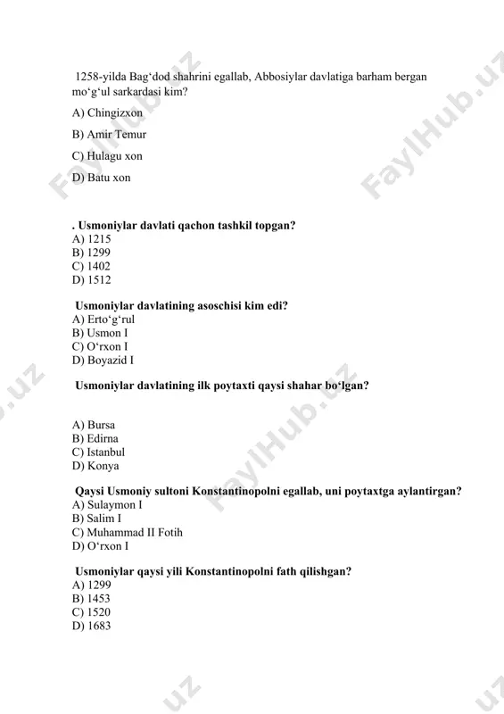 di? a) sanoat b) savdo va kemasozlik c) qishloq xo‘jaligi d) harbiy texnika salib yurishlarining asosiy oqibatlaridan biri nima edi? a) yevropada qirollik hokimiyati zaiflashdi b) yangi geografik kashfiyotlar boshlandi c) yevropada fan va madaniyat rivojlandi d) musulmon davlatlari mustamlakaga aylandi 1919-yilda buyuk britaniya falastinni boshqarish huquqini qayerdan olgan edi? a) bmt b) versal konferensiyasi c) aqsh hukumati d) fransiya sionizm qanday g‘oya asosida shakllangan? a) falastinni arablar tomonidan mustaqil davlatga aylantirish b) yahudiylarni falastinga ko‘chirish va o‘z davlatini barpo etish c) falastinning turkiy xalqlar bilan birlashishi d) islom davlatlarini qo‘llab-quvvatlash falastinning yahudiy va arab davlatlariga bo‘linishi haqida qaror qachon qabul qilingan? a) 1939-yilda b) 1945-yilda c) 1947-yil 29-noyabrda d) 1950-yilda falastinning rim imperiyasi tarkibiga qo‘shib olinishi qachon sodir bo‘lgan? a) miloddan avvalgi 586-yilda b) miloddan avvalgi 165-yilda c) miloddan avvalgi 721-yilda d) miloddan avvalgi 63-yilda sionizm harakati nechanchi asrda vujudga kelgan? a) xv asrda b) xvii asrda c) xix …