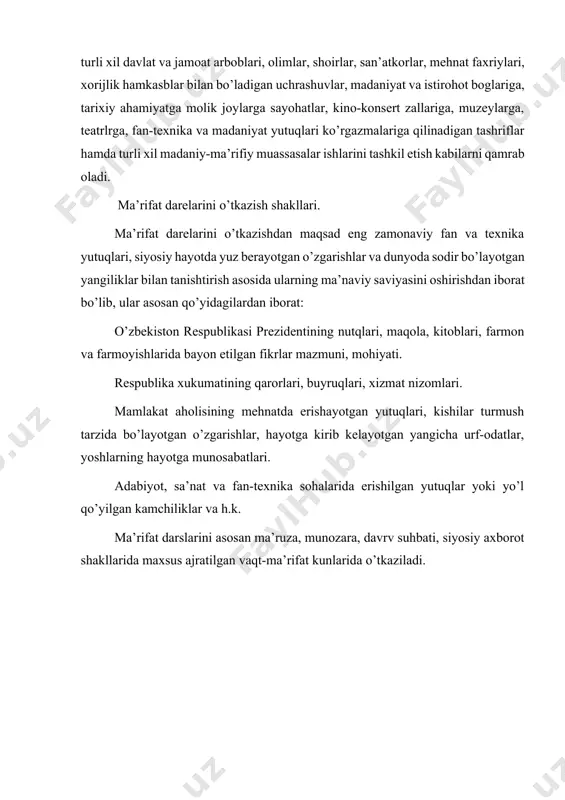 i olib borish dasturini tuzish; xodimga har tomonlama ta’sir o’tkazish uchun eng yaxshi tarbiya usullari, vositalari va shakllarini tanlash; tarbiya natijalarini muntazam ravishda kuzatib borish, nazorat qilish. foydalaniladigan adabiyotlar: 1. m.n. muminova, m.a. maksumova «kasbiy etika va etiket», uslubiy qo’llanma, t.,2006. 2. i. a. karimov «istiqlol va ma’naviyat» t.,1994. 3. i. a. karimov «o’zbekiston buyuk kelajak sari» t.,1998. 4. n. e. muhammadiyev «kasb etikasi va estetik madaniyati»- toshkent,1998 y. 5. m. abdullayev, e. xakimov «vvedeniye v etiku»-namangan, 1998. 6. abdulla sher «axloqshunoslik» ma’ruzalar matni, toshkent, 2000 7. v.g. fedsov «kultura servisa» uchebno-prakticheskoye posobiye - m., «prior», 2001. 8. a.a. avloniy «turkiy guliston yohud ahloq», t. 1992. 9. y. y. petrunin, v.k. borisov «etika biznesa» m., «delo»,2000. 10. s. s. gulomov «tadbirkorlik va kichik biznes» - t., «shark», 2002.