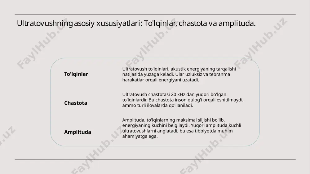 r, masalan, robototexnika va avtomatlashtirilgan tizimlarda, muhandislik jarayonlarini yanada rivojlantirishga imkon yaratadi. tibbiyotda ultratovush: diagnostika va davolash usullari. diagnostika usullari davolash metodlari tibbiyotdagi innovatsiyalar ultrasonografiya, inson organizmining ichki tuzilishini ko'rish imkonini beruvchi asosiy diagnostika usuli bo'lib, u ko'plab kasalliklarni aniqlashda qo'llaniladi. ultrasonik terapiya, masalan, to'qimalarni kuchaytirish va og'riqni kamaytirish uchun ishlatiladi, bu esa jarrohlikdan oldin va keyin muhim ahamiyatga ega. yangi ultratovush texnologiyalari, masalan, 3d ultrasonografiya va elastografiya, diagnostika va davolashda yanada yuqori aniqlik va samaradorlikni ta'minlaydi. muhandislikda ultratovush: noqonuniy tekshirish va materiallar tahlili. 01 noqonuniy tekshirish noqonuniy tekshirish ultratovush yordamida materiallarning ichki tuzilishini aniqlash uchun qo'llaniladi, bu jarayon materiallarning yaroqliligini ta'minlaydi. 02 ultrasonik usullar ultrasonik usullar materiallarda joylashgan nuqsonlar va zaifliklarni aniqlash uchun qo'llaniladi, bu esa muhandislikda xavfsizlikni oshiradi. 03 materiallar tahlili ultrasonik tahlil materiallarning fizik va mexanik xususiyatlarini o'rganish uchun muhimdir, bu usul ishlab chiqarish jarayonlarini yaxshilaydi. 04 sanoat qo'llanilishi sanoatda ultratovush texnologiyalari asbob-uskunalarni va inshootlarni monitoring qilishda, …