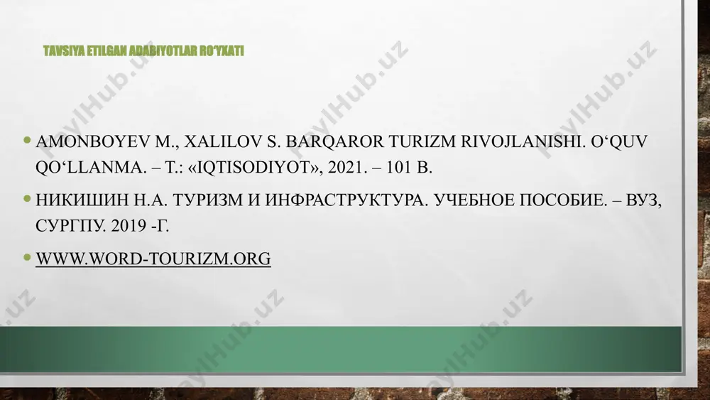 ni tabiiy, tarixiy, madaniy va diniy yodgorliklar, qulay iqlim, ajoyib plyajlar, barqaror siyosiy va ijtimoiy muhit o‘ziga jalb qiladi. xalqaro turizmning asosiy mintaqasi yevropa boʻlib, unga 672 million turist, osiyo-tinch okeani mintaqasi mamlakatlariga 323 million va shimoliy va lotin amerikasiga 211 million sayyoh toʻgʻri keladi. xalqaro turizmda globalizatsiya jarayonlari globallashuv jarayonlari tizimida xalqaro turizm. lorem ipsum dolor sit amet, consectetur adipiscing elit. duis vulputate nulla at ante rhoncus, vel efficitur felis condimentum. proin odio odio. biznes hamkorlik jarayonlari xalqaro turizmga ta’sir qiladi. mijozlarning ehtiyojlarini faqat ko‘plab kompaniyalarning resurslaridan foydalangan holda qondirish mumkin. birorta ham turistik xizmatlar ishlab chiqaruvchisi (turish joylari, transport kompaniyalari, ko‘ngil ochar industriya, sayyohlik agentliklari) yolg‘iz o‘zi barcha turdagi xizmatlarni taqdim eta olmaydi, shuningdek, turistlar tashrif buyuradigan markazlarning kompleks rivojlanishini ta’minlay olmaydi. turizmning globallashuv belgilari: raqobatdosh kurash,franchayzing tarmog’i,innovatsiya,boshqa biznes ishtirokchilari bilan bog’lanish,turistlarni birgalikda tashish. turizm dunyodagi eng muhim sohalardan biriga aylandi va uning iqtisodiy ta’siri ko‘plab mamlakatlar uchun …