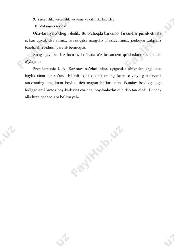 ta oliy o’quv yurtining bo’lmaganligi haqida ko’p gapiriladi. (bu faktlar xatoligini tarix ko’rsatmoqda). o’zbeklarda ta’lim – tarbiya masalalariga e’tibor hamma vaqt asosiy bo’lgan. xalq pedagogikasi ularning vazifasini a’lo darajada o’tab kelgan. bular xalq og’zaki ijodi durdonalari bo’lmish ertaklar, rivoyatlar, maqollar, topishmoqlar, ona allalaridir. bolalik kunlarimda, uyqusiz tunlarimda. ko’p ertak eshitgandim, so’zlab berardi buvim. h. olimjon zamondoshimiz hamid olimjonning bu satrlarini o’qigan har bir kimsa, aminmizki, ko’z o’ngiga o’zining yoshligini keltiradi. chunki, har birimiz yoshligimizda bunday ertaklardan bahramand bo’lganmiz. ular orqali keksa avlod vakillari yosh avlodga ota–bobolar tarixi, udumlari, an’analarini singdirish bilan bir qatorda tarbiyaviy maqsadni ham ko’zda tutganlar. har bir kishi uyda va jamoat orasida quyidagi odatlarga amal qilmog’i kerak. yurishda: ko’zingga qarab yur, zarurat bo’lmasa shoshma, bilmagan yo’lga tavakkal qilib yurma, yurib ketayotib narsa ema! dam olishda: boshni osiltirib o’tirma, o’zingni iztirobli ko’rsatma, majlis ahlining ko’zu yuziga ko’p qarama, yonboshlab o’tirma, badan a’zolari, soqol, ustivosh bilan qo’lingni o’ynatma, o’tirishda …