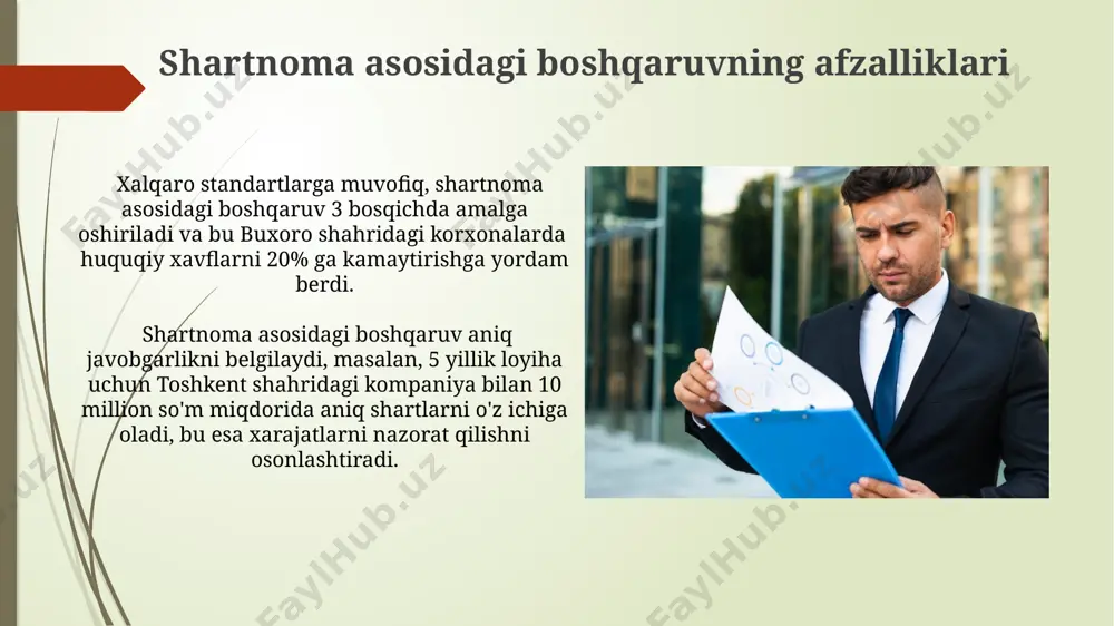 standartlarga muvofiq, shartnoma tuzishdan oldin 10 dan ortiq variantni tahlil qilish va 3 ta eng yaxshi variantni tanlash tavsiya etiladi. kelajakdagi istiqbollar 2025 йилга бориб, ўзбекистондаги давлат харидларининг 80%и электрон шартномалар орқали амалга оширилиши ва бундай тизимнинг шаффофлигини ошириш, коррупцияни камайтириш кутилади. жаҳон банкининг 2024 йилги ҳисоботига кўра, контракт менежменти соҳасидаги инновациялар туфайли ақшдаги йиллик тежамкорлик 5 миллиард доллардан ошиши мумкин. shartnomaning bajarilishiga ta'sir etuvchi omillar samarqand viloyatida 10 ta kichik korxona bilan tuzilgan shartnomalarning 7 tasida yetkazib berish muddatlarining buzilishi, yetkazib beruvchilarning yetarli resurslarga ega emasligi bilan bog'liq edi. shartnomaning bajarilishida 2023-yilda toshkent shahrida amalga oshirilgan 5 ta yirik loyihaning 3 tasida moliyalashtirishdagi kechikishlar muhim rol o'ynadi. savol-javoblar 2023-yilda toshkent shahrida oʻtkazilgan shartnoma asosidagi boshqaruv boʻyicha seminarlarda 50 dan ortiq ishtirokchi shartnoma tuzishning muhim jihatlari, xususan, majburiyatlar va javobgarliklarni aniqlash haqida bilimlarini oshirdi. xorazmda joylashgan 10 ta kichik biznes sub’ektlari shartnoma asosidagi boshqaruvni qoʻllab, mijozlar bilan boʻlgan munosabatlarini 2 …
