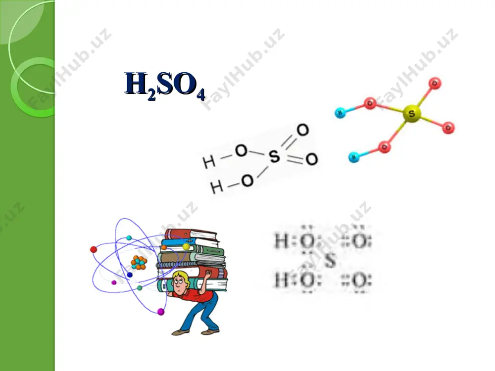 hcl 2. cuo + h2so4 b)cuso4+so2+h2o 3.naoh + h2so4 c)znso4+h2 4. bacl2+h2so4 d)na2so4+h2o 5.c+h2so4 e)cuso4+h2o 6.cu+h2so4(kons) f)co2+so2+h2o uyga vazifa mavzuni o’qish, konspekt qilish, savol va topshiriqlariga javob yozish). test 1. konsentrlangan sulfat kislota bilan reaksiyaga kirishmaydi а) mg, cu; b) na, zn; c) ca, li; d) fe, al. 2. suyultirilgan sulfat kislota bilan reaksiyaga kirishadi a) cu va ko h; c) na2co3 va al(oh)3 в) alcl3 va ag; d) feso4 va h2so4 3. sulfat kislotani eritganda har doim suvga kilota solish kerak. kislotaga suv qo’shsa nima bo’ladi?: а) yonib ketadi; b) suv parchalanadi; c) zaharli modda chiqadi; d) sulfat kislota eritmasi sachraydi. 4. sulfatlarni aniqlash uchun qanday moddadan foydalaniladi? а) agno3 b) hcl c) pbno3 d) bacl2 test javoblari 1 – d 2 – c 3 – d 4 – d