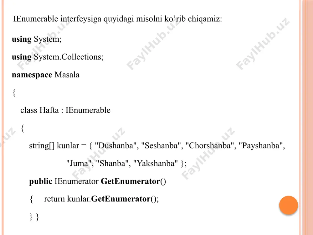 an usulga ega: public interface ienumerable { ienumerator getenumerator (); } ienumerator interfeysi konteynerdagi ichki moslamalarni takrorlash uchun funksiyani belgilaydi: public interface ienumerator { bool movenext(); object current {get;} void reset(); } ushbu interfeyslarga doir quyidagi misolni ko’rib chiqamiz: using system; using system.collections; namespace misol { // myenumerator class myenumerator : ienumerator { // maydonlar protected int length = 0; protected int index = 0; protected int[] values = null; // usullar public void addvalues(int[] values) { length = values.length; values = new int[length]; // qiymatlarni qo'shish for (int i = 0; i < values.length; i++) values[i] = values[i]; } public object current { get { return values[index]; } } public bool movenext() { index++; return index < length; } public void reset() { index = 0; } } class myenumerable : ienumerable { protected myenumerator myenumerator = new myenumerator(); public myenumerable(int[] values) { myenumerator.addvalues(values); } public ienumerator getenumerator() { …