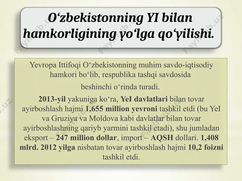 ermaniya „doychebank", „mercedes-benz" va „simens" kompaniyalarining rahbarlari bilan uchrashuvlar bo'ldi, ular bilan hamkorlik qilish haqida kelishib olindi. toshkentda ikki tomonlama savdo-iqtisodiy palata tashkil etildi, gfrning elchixonasi ochildi. 1994-yil 1-sentabrda gfr poytaxti bonnda o'zbekiston respublikasining yevropada birinchi elchixonasi ochildi. hozirgi paytda elchixona germaniyaning yangi poytaxti berlin shahrida faoliyat yuritmoqda. „toshkent-frankfurt" havo yo'li yo'lga qo'yildi, o'zbekistonda ,,doyche-bank"ning bo'limi faoliyat ko'rsatmoqda. o'zbekiston prezidentining germaniyaga 1993-yil 28-aprel kuni boshlangan va besh kun davom etgan rasmiy tashrifi o'zbekiston bilan germaniya o'rtasida munosabatlarni yo'lga qo'yishda muhim ahamiyatga egadir. ayni paytda bu safar respublikamizga yevropa sari katta yo'lni ochdi. ikki davlat o'rtasida madaniy hamkorlik to'g'risida, sarmoyalar qo'yishni amalga oshirish va o'zaro himoya qilishga ko'maklashish to'g'risida, ilmiy tadqiqotlar va mutaxassislar fondini tashkil etish to'g'risida bitimlar imzolandi. 1997-yilda o'zbekistonda 55 ta germaniya kompaniyasining vakolatxonalari faoliyat yuritgan bo'lsa, 2001-yilda bu ko'rsatkich 80 taga yetdi. 2003-yilda germaniyalik sarmoyadorlar ishtirokida yengil sanoat, oziq-ovqat sanoati, qishloq xo'jaligi mahsulotlarini qayta ishlash, farmatsevtika sanoati, transport …