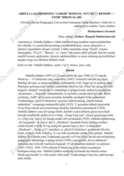 abdulla qahhoring "sarob" romani, "o'g'ri", "bemor", "anor" hikoyalari — DOC