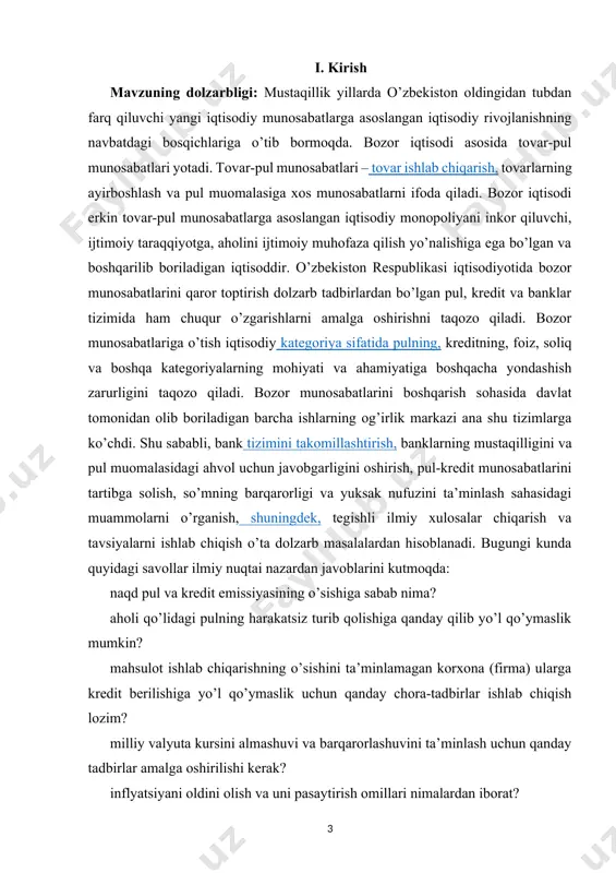 : naqd pul va kredit emissiyasining o’sishiga sabab nima? aholi qo’lidagi pulning harakatsiz turib qolishiga qanday qilib yo’l qo’ymaslik mumkin? mahsulot ishlab chiqarishning o’sishini ta’minlamagan korxona (firma) ularga kredit berilishiga yo’l qo’ymaslik uchun qanday chora-tadbirlar ishlab chiqish lozim? milliy valyuta kursini almashuvi va barqarorlashuvini ta’minlash uchun qanday tadbirlar amalga oshirilishi kerak? inflyatsiyani oldini olish va uni pasaytirish omillari nimalardan iborat? bozor iqtisodi sharoitida banklarning o’rni hamda faoliyatini muhimligi, pul, kredit va bank tizimining takomillashib borishi, shu sohada malakali kadrlar tayyorlashni va mavjud muammolar echimini taqozo qiladi. pul bozor iqtisodiyotining eng muhim omillaridan biri bo`lib, iqtisodiyotning «qoni» dir. iqtisodiyot pul bilan tirik. pul bo`lmagan joyda bozor iqtisodi bo`lishi mumkin emas. bozor iqtisodiyotida tovarlar va xizmatlarni ishlab chiqarishdan tortib, to iste`molchiga yetkazib berishgacha pul vositasida amalga oshiriladi. bozor iqtisodiyoti sharoitida pul muomalasini tashkil etish, pul ayriboshlash, ularni saqlash, taqsimlash, bo`sh pulni qarzga berish, pul vositasida moliyaviy hisob-kitoblarni amalga oshirish kabi iqtisodiy munosabatlar …
