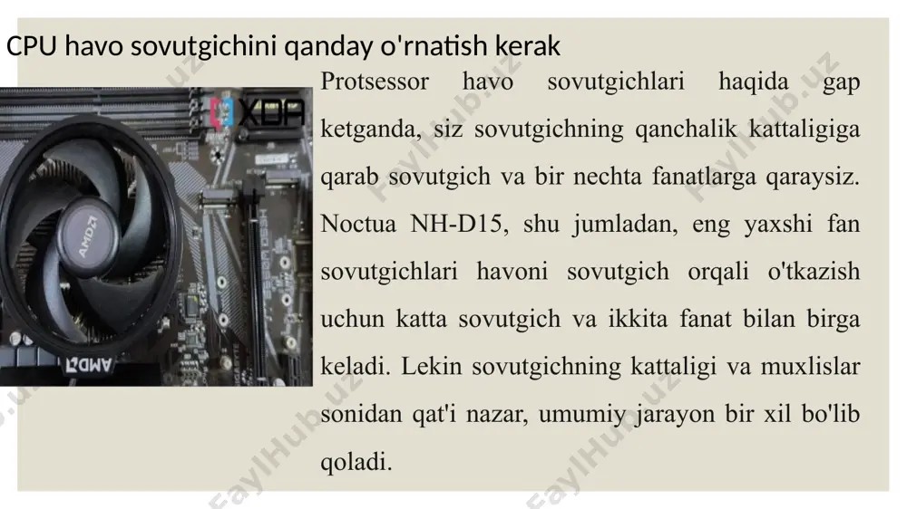 n sovutgichdan ventilyatorlarni olib tashlashingiz kerak bo'lishi mumkin. endi protsessor sovutgichi joyida, uni ulagichlar yordamida mahkamlash vaqti keldi. buning uchun sovutgichni mahkamlash uchun x naqshidan foydalanamiz. siz vintlarni diagonal bo'ylab ishlaysiz, ya'ni protsessorni kvadrat shaklida aylanib o'tish o'rniga birinchisiga diagonal qarama-qarshi bo'lgan vintni tanlang. biz buni protsessor bo'ylab teng bosim yaratayotganingizga ishonch hosil qilish uchun qilamiz. bundan tashqari, u termal pastani cpu ihs da bir tekis taqsimlashga yordam beradi. cpu suyuq sovutgichni qanday o'rnatish kerak protsessor suyuq sovutgichni o'rnatish biroz murakkab, chunki u bir necha qo'shimcha qadamlarni o'z ichiga oladi. ushbu qo'llanma uchun aio suyuq sovutgichni qanday o'rnatishni sizga ko'rsatamiz. aio suyuq sovutgichlari, agar siz bilmasangiz, protsessor suv bloki, sovutish suvi quvurlari, radiator va bir nechta fanatlari bo'lgan yopiq konturli suyuq sovutgichlardir. shu bilan bir qatorda, siz qurishingiz uchun ochiq-oydin yoki maxsus halqani ham o'rnatishingiz mumkin. biz buni yangi boshlanuvchilar uchun qo'llanma uchun o'rnatmaymiz. suyuq sovutgichlarda birinchi qadam havo sovutgichlari …