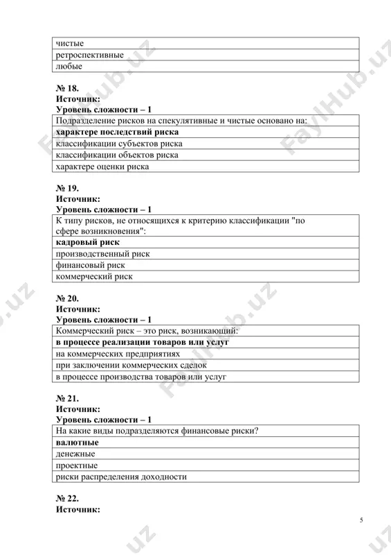 искованнее проект, тем норма его доходности должна быть: выше ниже норма доходности не зависит от риска нет правильного ответа № 35. источник: уровень сложности – 2 если событие не может произойти ни при каких условиях, его вероятность равна: нулю единице 0,5 100% № 36. источник: уровень сложности – 2 какой метод оценки вероятностей используется в страховании? нормальное распределение система неопределенностей пороговые значения риска все перечисленные методы № 37. источник: уровень сложности – 2 в процессе принятия управленческих решений предпринимателю целесообразно различать и выделять определенные области (зоны риска) в зависимости от уровня возможных (ожидаемых) потерь. для этого разработаны и используются: шкалы риска изометрические шкалы шкалы воздействия все ответы верны № 38. источник: уровень сложности – 2 вторая точка вероятности нежелательного исхода, соответствует: «нормальному», «разумному» риску, при котором рекомендуется принимать обычные предпринимательские решения вероятности нежелательного исхода потерям, равным имущественному состоянию предпринимателя нет правильного ответа № 39. источник: уровень сложности – 2 первая …