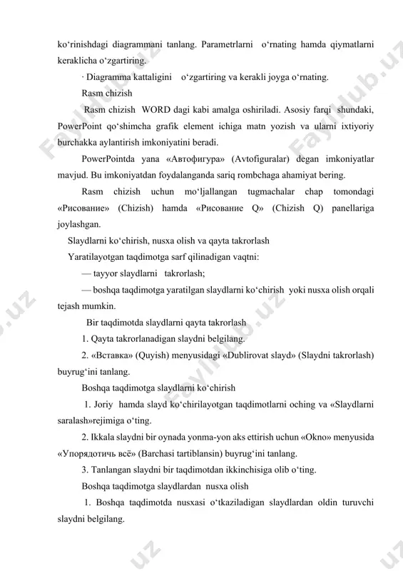 box to'g'ri to'rtburchak shaklida paydo bo'lishi kerak. so'ng matnni kiritamiz. matn kiritayotganingizda uning hajmiga qarab text box avtomatik tarzda o'zi kattalashadi. afar matnni boshqa yerdan ko'chirib olib kelimoqchi bo'lsangiz, unda birinchi text boxni yaratib undan so'ng matni o'rnatish kerak. rasm kiritish slaydlarga rasm joylashtirishning 2 xil usuli mavjud : insert (vstavka) menyusi orqali va ko'chirib olib kelish usuli. insert (vstavka) menyusi orqali rasm va grafiklar joylash powerpointda eng qulay yo'l hisoblanadi. agar sizda jpeg yoki gif va boshqa formatdagi rasmlar bo'lsa, insert (vstavka) menyusidan picture tugmasini tanlang va rasmni joylashtiring. insert (vstavka) menyusi rasm ekranda o'lchov o'zgartirgichlari bilan hosil bo'ladi. burchakdagi o'zgartirishlari bilano'lchamni o'zgartirish mumkin. rasmini ustiga sichqonchani bosib joylashuv o'rnini o'zgartirish mumkin. rasm ustida ishlash amallari rasmni slaydga kiritga zahotingiz avtomatik tarzda o'zi namoyon bo'ladi. bir qancha variantlar orqali rasmini qayta ishlashingiz mumkin. rasm ustida ishlash amallari matn va fonni formatlash matn va fonni quyidagicha formatlashingiz mumkin: matnni formatlash …