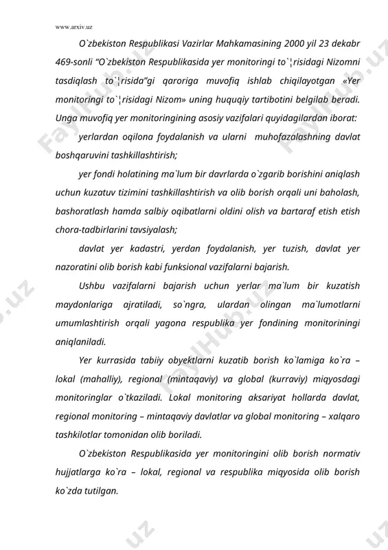 tozalash inshootlari, organik o`¦it (go`ng)larni to`plash, axlatxonalar, yo¦lash-yoqish materiallari, mineral o`¦itlar, zararli ximikatlar, avtotransport turish, zaxarli sanoat chiqindilari va radioaktiv moddalarni saqlash omborxonalari va shunga o`xshash sanoat obyektlari kiradi. yer holatiga ta`sir etuvchi yuqorida sanab o`tilgan jarayonlar va omillar bo`yicha olingan ma`lumotlar davlatning maxsus vakolatlangan idoralari tomonidan baholaniladi va o`zbekiston respublikasining umumiy va maxsus yer boshqaruvi organlariga tezkor ma`lumotlar, hisobot, bashorat va tavsiyanomalar sifatida taqdim qilinadi. ularga ilova qilib yer holatining o`zgarish ko`lami, jarayonlarning xavflilik darajasi, yo`nalishi, jadallashuviga doir tematik xaritalar, kartogrammalar, jadval va diagrammalar berilishi kerak bo`ladi. o`zbekistonda yer monitoringi yer resurslari davlat qo`mitasi, vazirlar mahkamasi huzuridagi geodeziya, kartografiya va davlat kadastri bosh boshqarmasi, tabiatni muhofaza qilish davlat qo`mitasi tomonidan qishloq va suv xo`jaligi vazirligi, arxitektura va shaharsozlik davlat qo`mitasi, vazirlar mahkamasi huzuridagi gidromoterologiya bosh boshqarmasi («boshgidromet»), geologiya va mineral resurslar davlat qo`mitasi hamda tegishli vazirliklar va idoralar ishtirokida olib boriladi. yer resurslari davlat qo`mitasi esa ushbu vazirliklar va …
