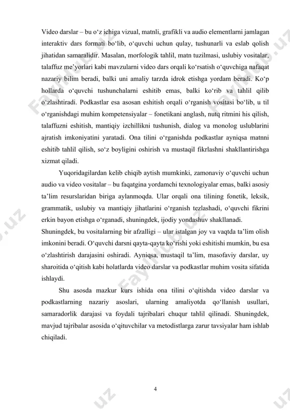 siyalarini rivojlantirishdagi o‘rni. kurs ishining tuzilishi: kirish, 2 bob, 4 paragraf, xulosa va foydalanilgan adabiyotlar iborat. i bob. ona tilini o‘qitishda innovatsion usullar va media vositalarning roli 1.1. ona tili taʼlimida innovatsion yondashuvlarning o‘rni bugungi globallashuv va raqamli transformatsiya davrida ona tili taʼlimi ham zamonaviy pedagogik va texnologik innovatsiyalarni o‘z ichiga olmoqda. innovatsion yondashuvlar ona tili darslarini qiziqarli, interaktiv va samarali qilishda muhim rol o‘ynaydi. ular o‘quvchilarning tilga bo‘lgan qiziqishini oshiradi, ijodiy fikrlashini rivojlantiradi va o‘z fikrini aniq hamda ravon ifoda eta olish ko‘nikmalarini mustahkamlaydi[footnoteref:1]. [1: axmedova z. interaktiv metodlar yordamida ona tilini o‘rgatish. – buxoro, 2019.] innovatsion yondashuvlarning asosiy afzalliklari quyidagilardan iborat: · axborot texnologiyalarini qo‘llash: elektron darsliklar, mobil ilovalar, interaktiv taqdimotlar va o‘quv platformalar yordamida o‘rganish jarayoni jonlanadi. · kommunikativ metodikalar: ona tili darslarida suhbat, bahs-munozara, roliklar yaratish kabi faol usullar til ko‘nikmalarini kuchaytiradi. · loyiha asosidagi o‘qitish: o‘quvchilar mustaqil yoki guruhda ishlab, o‘z ona tilida ilmiy va …