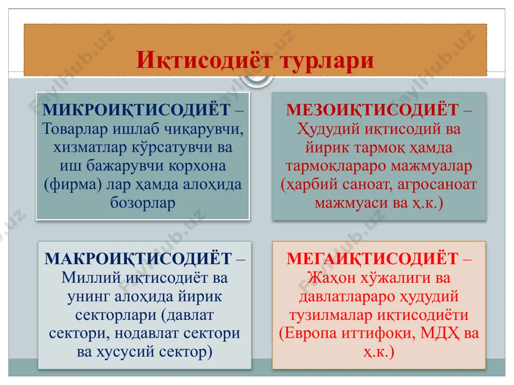 родасига боғлиқ эмаслигини билдиради. шу билан бирга, улар инсоният жамияти мавжуд бўлганда ва такрор ишлаб чиқариш рўй берганда амал қилади ҳамда кишиларнинг мақсадли иқтисодий фаолияти орқали намоён бўлади. иқтисодий қонунлар тизими 17 махсус иқтисодий қонунлар - алоҳида олинган иқтисодий тизим шароитида амал қилади. масалан, қулдорлик,феодал, «капиталистик», «социалистик» тақсимот қонунлари, қўшимча қиймат қонунлари ва ҳ.к оралиқ ёки даврий иқтисодий қонунлар -инсоният жамият тараққиётининг маълум босқичларида амал қилади. масалан, бозор иқтисодиётига хос қонунлар (талаб қонуни, таклиф қонуни ва х.к. умумий иқтисодий қонунлар—кишилик жамияти ривожланишининг барча босқичларида амал қилади. масалан, эҳтиёжларнинг ўсиб бориш қонуни, вақтни тежаш қонуни ва ҳ.к. - 18 илмий категориялар (илмий тушунчалар) иқтисодий воқеликнинг илмий ифодаси бўлиб, иқтисодий ҳодиса ва жараёнларнинг туб моҳиятини акс эттиради. масалан, талаб, таклиф, баҳо, рақобат, бозор, пул ва ҳк. иқтисодий категориялар амал қилиш даврига кўра қуйидаги гуруҳларга ажратилади махсус-алоҳида иқтисодий тизим шароитида амал қилади. оралиқ-жамият тараққиётининг алоҳида босқичларида мавжуд бўлади. умумий-жамият тараққиётининг босқичларида амал қилади. …