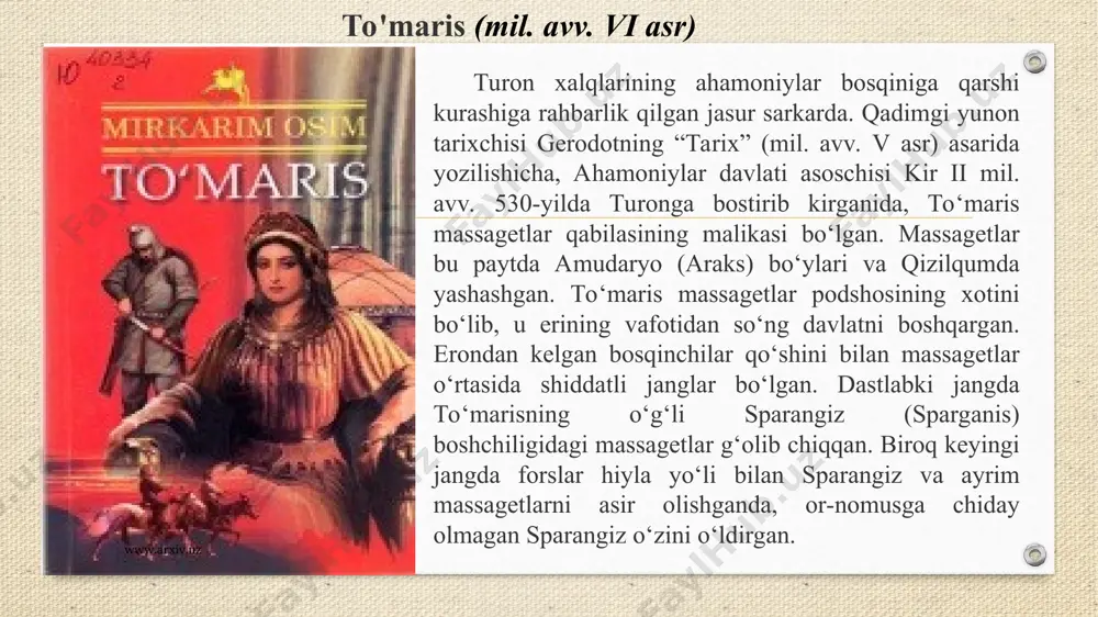 20-yildan), alovuddin muhammad ii ning toʻngʻich oʻgʻli. u 33 yil umr koʻradi va uni 11 yili jang ichida oʻtadi. jaloliddin manguberdi, jaloliddin (toʻliq ismi jaloliddin ibn alovuddin muhammad) (1198—1231) — xorazmshohlar davlatining soʻnggi hukmdori (1220—31), mohir sarkarda. anushteginiylardan. xorazmshohlardan muhammadshoxning katta oʻgʻli. onasi — oychechak turkman kanizaklardan boʻlgan. jaloliddin burnida xoli (mank) boʻlgani uchun mankburni nomi bilan atalgan. keyinchalik bu nom talaffuzda oʻzgarib "manguberdi" nomi bilan mashhur boʻlib ketgan. www.arxiv.uz www.arxiv.uz temur malik temur malik – anushteginiy xorazmshohlardan sulton alovuddin muhammad xorazmshoh davrida xo‘jand hokimi bo‘lgan sarkarda. 1219-yil dekabr oyida 5000 kishilik mo‘g‘ul qo‘shini xo‘jandni qamal qildi. temur malik bunga qadar har ehtimolga qarshi sirdaryodagi orollardan biriga qal’a qurdirib qo‘ygan edi. mo‘g‘ul qo‘shini son va qurol-aslaha jihatdan ustun bo‘lgani uchun shaharni himoya qi­lish mushkullashdi. temur malik 1000 ta jang­chisi bilan mazkur orolga ko‘chib o‘tib, dushmanga qarshi kurashni davom ettirdi. dushman qo‘shini yaqinlashib, bir hamla bilan qal’ani ola olmaydi, chunki ular …