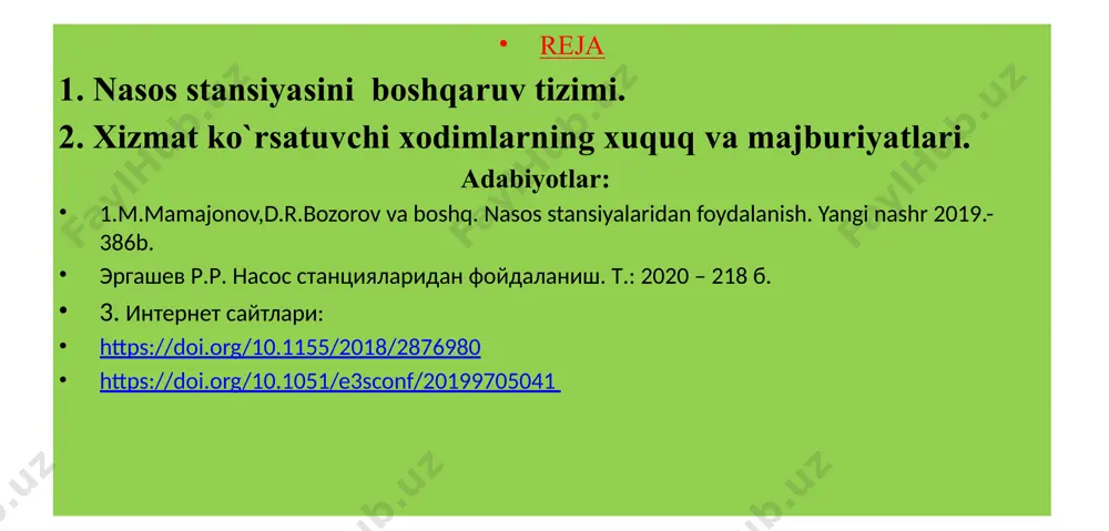 ni ta’minlash; - texnik va ekspluatatsion xujjatlar tartibini tuzish va ularning saqlanishini nazorat qilish. navbatchi xodimlar majburiyatlari: - ishlab chiqarish uchastkalarida smena bo‘yicha xizmat qiluvchi xamma ishchilar navbatchi xodim hisoblanadi. navbatchi xodim stansiya boshlig‘i tomonidan tasdiqlangan navbatchilik grafigi bo‘yicha ishlashi lozim. - alohida hollarda bir navbatchi xodim ikkinchisi bilan almashish xuquqiga ega (tegishli ishlab chiqarish uchastkasi boshlig‘i ruxsati bilan). navbatchilik 8 soatdan ortiq (uzluksiz) vaqt davom etadi, smenalar orasidagi tanaffus 16 soatdan kam bo‘lmasligi lozim. - navbatchi ishga kelib oldingi navbatchidan smenani qabul qilib oladi, navbatchilik tugagach esa grafik bo‘yicha keyingi navbatchiga topshirib ketadi. boshqaruv dispecherlik xonasi 17 muxandis (mexanik va energetik)majburiyatlari: - o‘zining uchastkasi ishini to‘xtovsiz va eng yaxshi texnik-iqtisodiy ko‘rsatkichlar bilan bajarilishini ta’minlash; - joriy, o‘rtacha va kapital ta’mirlash ishlarining rejasini o‘z vaqtida bajarish va reja asosida profilaktik ko‘rikni amalga oshirish; - tizimdagi jihoz va uskunalarda buzilishlar sodir bo‘lganda, ta’mirlash ishlarini bajarilishini tashkillashtirish yoki stansiya boshlig‘i orqali sozlash …