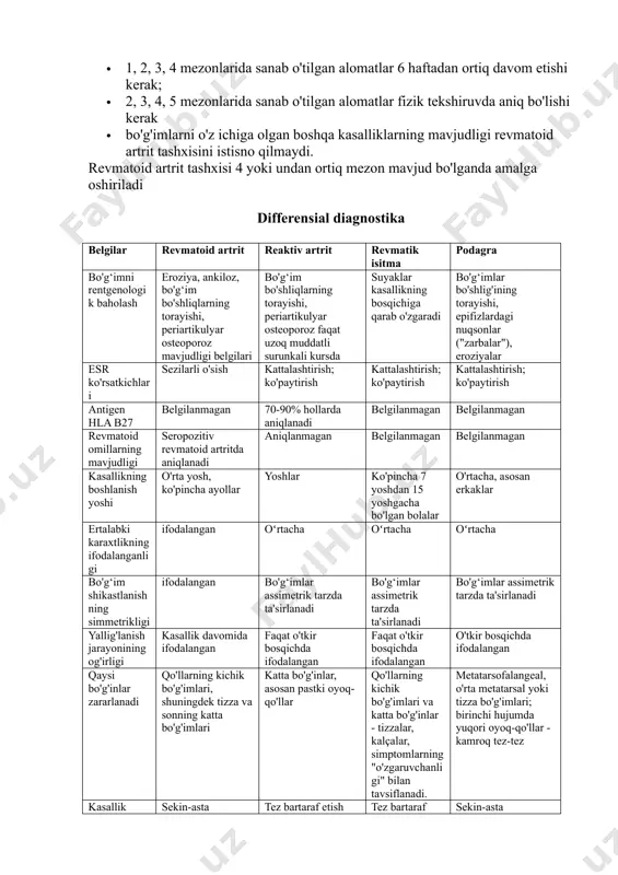 , tendinit, shilliq pardalar va terining yarali lezyonlari, shu jumladan giperkeratoz yoki qobiqli keratoderma, to'piq shoxlari. kardit, xoreya, revmatik tugunlar, xalqasimon eritema, miokard distrofiyasi, nuqson odatda kech bosqichlarda sodir bo'ladi. tofuslar, isitma, nefropatiya revmatoid artritni davolash kasallikni o'zgartiruvchi terapi̇ya (bazis terapi̇ya): 1)aminokinolin: - delagil, plakvenil 2) oltin preparatlari: - auranofin, ridaura, tauredon 3) d-penitsilamin: - kuprenil 4) immunodepressantlar: - metotreksat (oltin standart) - leflunomid - siklofosfamid 5) sulfanilamidlar: -sulfasalazin 6) tnf-a ingibitorlari: - remikeyd (infliximab) 7) monoklonal antitanalar: - mabthera (rituximab) i - gormonal terapiya: - prednizolon, metilprednizolon - kenalog, diprospan intraartikulyar ii - nsaidlar - sog-2 ingibitorlari - ketonal - nimesil - brufen - ortofen iii - fizioterapiya iv - immobilizatsiya, ortopedik davo · yaqbplarga chidamli ra variantlarini davolash uchun quyidagilar qo'llaniladi: 1) sitokinlar/xemokinlar va ularning retseptorlari blokatorlari (anti-sitokin preparatlari): · tnf-α inhibitörleri (tnf-α antitanalari va "eruvchan" tnf-α retseptorlari): · adalimumab (humira) · infliximab (remicade) 2) antilimfotsitae preparatlarlar: · …