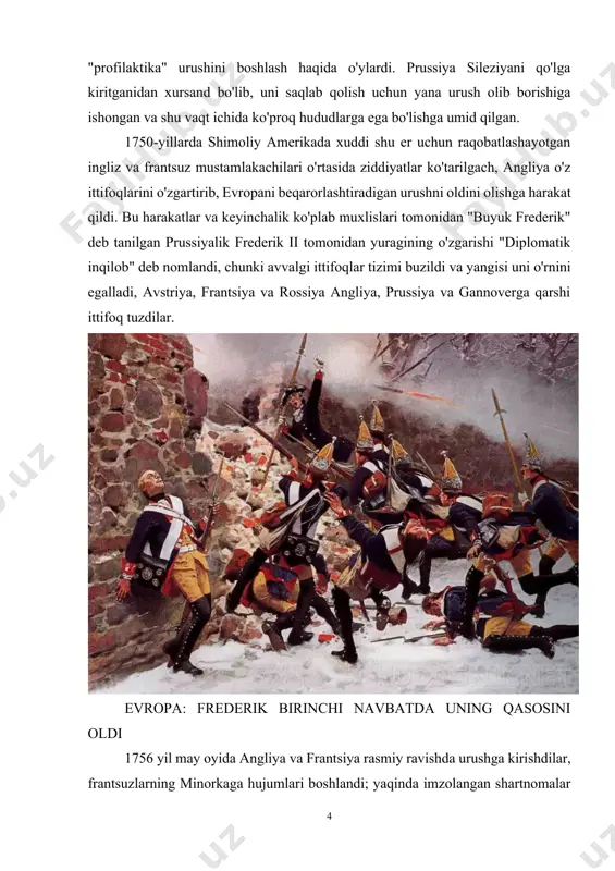 b etdi - angliya qiroli ham hannover tomonidan ishg'ol qilingan gannover qiroli edi va prussiyaga yurish qildi, rossiya esa sharqdan kirib, boshqalarni mag'lub etdi. prussiyaliklar, garchi ular orqaga chekinishgan va keyingi yanvarda faqat sharqiy prussiyani egallab olishgan. avstriya sileziyaga ko'chib o'tdi va frantsiya-rossiya-avstriya ittifoqi uchun yangi bo'lgan shvetsiya ham hujum qildi. bir muddat frederik o'ziga achinib ketdi, ammo munozarali yorqin generallik namoyishi bilan javob berib, 5 noyabr kuni rossbaxda frantsuz-nemis qo'shinlarini, 5 dekabrda leytenonda avstriyaliklarni mag'lub etdi; ikkalasi ham undan katta edi. avstriyalik (yoki frantsuz) taslim bo'lishga majbur qilish uchun ikkala g'alaba ham etarli emas edi. bundan buyon frantsuzlar qayta tiklangan gannoverni nishonga oladilar va frederik bilan boshqa hech qachon jang qilmas edilar, u esa tezda harakat qilar, dushmanning bir qo'shinini, so'ngra ikkinchisini samarali birlashmasidan oldin mag'lubiyatga uchratar edi. tez orada avstriya katta va ochiq joylarda prussiyaga qarshi kurashmaslikni o'rgandi, ammo bu prussiyaning ustun harakatini ma'qulladi, garchi bu doimiy ravishda …