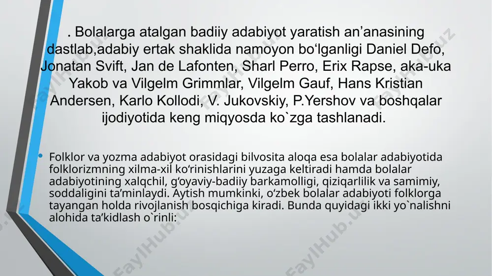 bolalar kitobxonligidan ham keng o`rin olgan. undagi muqaddimada dengiz bo`yidagi yerto`lada – eski uyda o`ttiz uch yil birga turgan chol-kampirlar haqidaso`z boradi. 28 братья гримм. сказки. москва, 1987. –стр. 73-80. 56 . binobarin, h.olimjonning “oygul bilan baxtiyor”, “simurg‘ yoxud parizod va bunyod” ertak-dostonlari xalq ertaklarining ijtimoiy-axloqiy mundarijasini xalqona ohang va poetik vaznda realistik ifoda etganligi bilan ahamiyatli va e’tirofga sazovordir. shukur sa’dulla (1912-1972) – xalq og`zaki ijodi bilimdoni. u bolalar uchun turli janrlarda ijod etadi: poema, hikoya, qissa, opera va bir qancha she’riy ertaklar yozadi. hatto xalq ijodiyotiga mansub ayrim an’anaviy janrlarni yozma adabiyotga omixtalashtiradi. xalq latifalari asosida “ikki donishmand”, “afandining ko‘ylagi”, “afandi tegirmonchi va ko‘sa” kabi she’riy latifalardan topishmoq janri talablarini saqlagan holda topishmoq - she’r namunalarini yaratadi. 1950-yilda sh.sa’dulla i.muslim bilan hamkorlikda bolalar shoiri s.marshakning “she’r va ertaklar” asarini o‘zbek kitobxonlariga tortiq etishdi. daniyalik mashhur ertakchi g.x.andersen, rus yozuvchisi n.a.nekrasovning asarlarini, l.tolstoy va b.jitkovning hikoyalarini, bolalar shoirlari m.kvitko, …