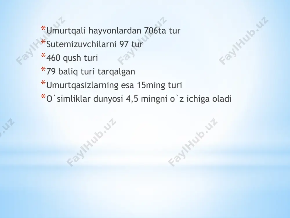 ning boshida dunyoga keladi.asosiy ozuqsi katta qum sichqoni, tog`li hududlarda esa yumron qoziq lar blan ozuqalanadi xaritadan uchrash joylari aleksanor kapalagi maqomi:zaif,qisqarib borayotgan tur tarqalishi:g`arbiy tyan-shan g`arbiy pomir-oloy yashash joylari:turli tuman o`tli tog`lar 1000-2500m soni:100m2 da 1ta uchraydi yashash tarzi: may-iyun oylarida tuxum qoyadi, qurti iyun-iyul oylarida chqadi. cheklovchi omillari: chorvachilik, pichondan ko`p foydalanish. xaritadan uchrash joylari tog`sevar lestiforus maqomi:tabiatan kamyob tur. tarqalishi:g`arbiy tyan-shan, g`arbiy pomir-oloy. yashash joylari:past va ortacha balandliklar. yashash tarzi: yiliga bir martta nasil beradi. ilk urchishi va tuxum qoyishi iyun-avgust oylarida boladi. turli o`simlik gullarida oziqlanadi. cheklovchi omil:yerlarning o`zlash trilishi,yaylovlardan keng foydalanish xaritadan uchrash joylari turkiston laqqasi maqomi:zaif, qisqaribborayotgan tur. mazaik tarqalgan. tarqalishi:oxabgaron, chirchiq, qoradayo va norin daryolarini yuqori qimida. yashash joylari: daryolarni tog` va tog` oldi hududlari. soni: ilgari barcha yashash joylarida tarqalga, keyingi 10 yil ichida keskin kaayib ketgan yashash tarzi: suv tubida yashovchi tungi faol baliq,3-4 yoshda jinsiy voyaga yetadi. suvga 120-880 tagacha …