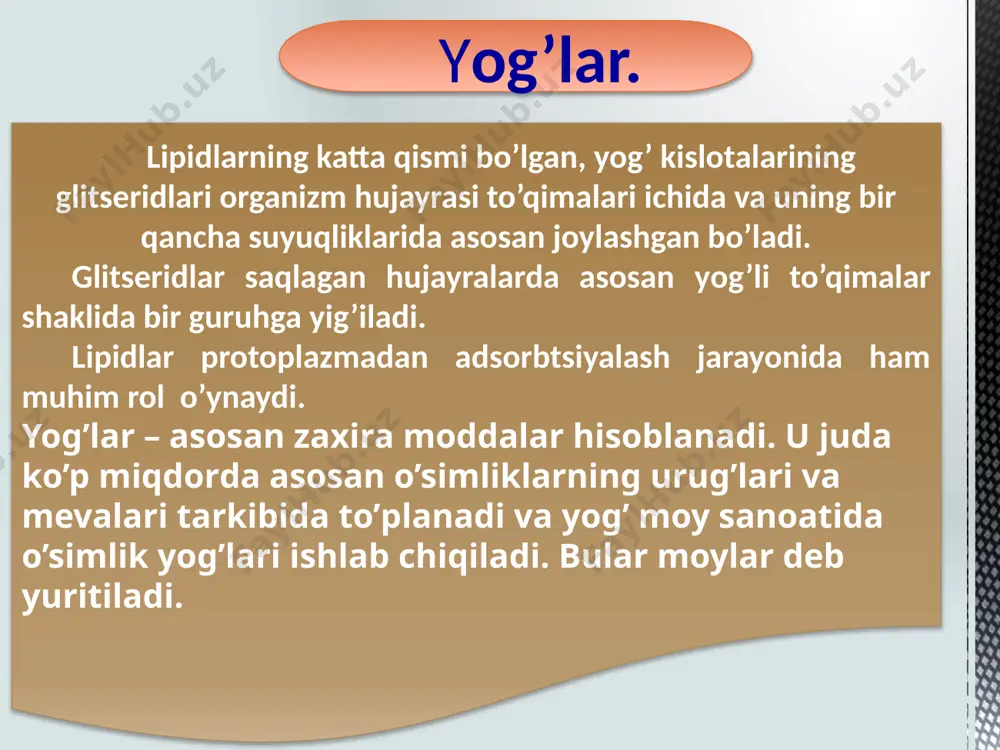 iri hisoblangan yuqori molekulyarli spirt enokoprolom, tseril spirti c26 h53 oh, miritsil spirti c31 h63 oh, tserotin kislotasi mavjudligi topilgan. olma po’stlog’i tarkibidagi mumli qatlam o’zining tarkibida parafinli uglevodorodlardan nonakozan va geptakozan, hamda yuqori molekulyarli spirtlar – geksakozanol, oktokozanol va triakontanollardan tashkil topgan. olma po’stlog’i mumlari uglevodorodlarining 99% nonakozanning tuzilgan bo’lib, spirtlar fraktsiyasi esa quyidagicha: tetranozanol (c24) – 17,2 %; gekskozanol (c26) – 37,0 %; oktakozanol (c28) – 34,0 % va triakontanol (c30) – 9,6 %; mumlarning ma’lum miqdordagi qismi janubiy amerikada o’sadigan pal’ma barglari yuzasida ajralib chiqadi. bu mum karnaub mumi deb yuritiladi rangi sariq yoki yashil rangli bo’lib juda quyuq hisoblanib undan shamlar tayyorlashda foydalaniladi. asalari mumi. ch2-( ch2)14-c o – ch2-( ch2)14-ch3 asalari mumi. uning tarkibi asosan pal’mitat kislotaning miritsil spirti bilan hosil qilgan murakkab efiridan iborat: bu mumning suyuklanish xarorati 62-70°s. u tashqi sharoitning o’zgarishiga juda chidamli. ayrim ma’lumotlarga karaganda, asalari mumi uzok vaqtgacha (bir necha …