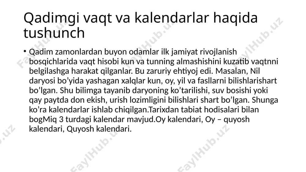 yil 12 apreldan boshlangan. oy – quyosh kalendaridan foylanganlar.ba’zan, turli davrlarda oylarga kunlar qo’shilib turgan.1952 yil 25 martda gregoryan kalendarini qabul qilishgan. eng muhimi boshqa xalqlarga nisbatdan yilni 6 mavsumga (faslga) bo’lishgan: bahor, yoz, yomg’ir oyi, kuz, kechki kuz, qish. grigoryan kalendari.yulian kalendari tropik yildan 11 minut 14 sekun ortiq.bu ortiqcha vaqt yig’ilib128 yilda 1 sutkani tashkil qiladi.400 yilda 3 sutka.bu farq xvi asrga kelib 10 kunni tashkil qiladi.bahorgi teng kunlik 21 martaga emas 11 martga to’g’ri kelib qoladi. 21 mart 11 martga kelib qolgan.shuning uchun papa grigoriy – xii italiyalik shifokor luiji – lilioning1576 yilda taklif etgan loyihasiga suyanib, kalendarga o’zgartirish kiritadi.1582 yil 4 oktabr 5 oktabr deb emas 15 oktabr deyishga farmon berildi.shu bilan 1200 yildagi xato tuzatiladi. grigoriydagi xatolik 3300 yilda 1 sutka yoki 4000 yildan 1 sutka chiqarib tashlansa xatolik bir – yoki 0,22 sutkadan iborat bo’ljb,18200 yildagina 1 sutkaga yetadi. har 400 yilda 3 kun …