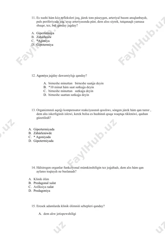 enen xarakterli, organizmnıń iskerliginiń qayta tiklenbewi qanday jaǵday? a. predagonal xalat b. asfiksiya xalat c. predagoniya d. *biologik ólim 23. biologik ólim qanday erte belgileri bar? a. *titirkendiriwge kózdiń reakciyası joq b. qısqa waqıtqa es hushı tiklenedi c. patologik tip dem alıw d. júrek tonları páseygen 24. biologik ólim qanday erte belgileri bar? a. qısqa waqıtqa es hushı tiklenedi b. patologik tip dem alıw c. *qarashıq hám tor perdenıń tınıqlıǵınıń buzılıwı, qurǵaq úsh múyeshtiń payda bolıwı (larshe daǵı) d. júrek tonları páseygen 25. biologik ólim qanday erte belgileri bar? a. qısqa waqıtqa es hushı tiklenedi b. patologik tip dem alıw c. júrek tonları páseygen d. *pıshıq kózi simptomı bolıwı 26. biologik ólimdi tastıyıqlawshı belgileri qanday (kesh belgi)? a. qısqa waqıtqa es hushı tikleniwi b. *óli daqlarınıń payda bolıwı c. patologik tip dem alıw d. júrek tonları páseygen 27. júrek toqtaǵanınan soń, óli daqları qashan payda bolıp baslaydı(kesh belgi)? a. 2–4 …