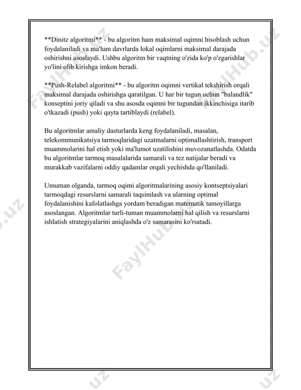 erishish mumkin. algoritmlar orasidagi farq va ularning ishlash tamoyili, murakkabligi tarmoqdagi haqiqiy masalalarga qo‘llashda e’tiborga olinishi kerak. bu algoritmlarning har biri o‘zining afzallik va cheklovlariga ega, va tanlov ushbu masalaga va tarmoqning xususiyatlariga ko‘ra amalga oshirilishi lozim. 3. fulkershen algoritmi fulkershen algoritmi — bu informatsion texnologiyalar va matematik modellashtirish sohasida qo‘llaniladigan algoritm turi. u asosan probabilistik algoritmlar va statistika sohasiga qaratilgan bo‘lib, ma'lumotlarni qayta ishlash, tavsiflash hamda aniqlik bilan bashorat qilish kabi sohalarda keng qo‘llaniladi. fulkershen algoritmi ingliz tilida "markov chain monte carlo" (mcmc) nomi bilan ham tanilgan bo‘lib, u markov zanjirlari va monte-karlo usullarini uyg‘unlashtirish orqali ishlaydi. algoritm asosan quyidagi bosqichlarni o‘z ichiga oladi: 1. **boshlang‘ich nuqtani tanlash**: bu bosqichda, algoritm bajarilishi uchun algoritmning boshlang‘ich qiymatlari tanlanadi. markov zanjiri tamoyillariga ko‘ra, keyingi holatning ehtimolligi faqat joriy holatga bog‘liq bo‘ladi, o'tmishga emas. 2. **tarqalish**: algoritm har qadamda yangi ehtimoliy holatni tarqatish orqali tahlil qilinadi. bu holat keyingi bosqichlar orqali tekshiriladi …