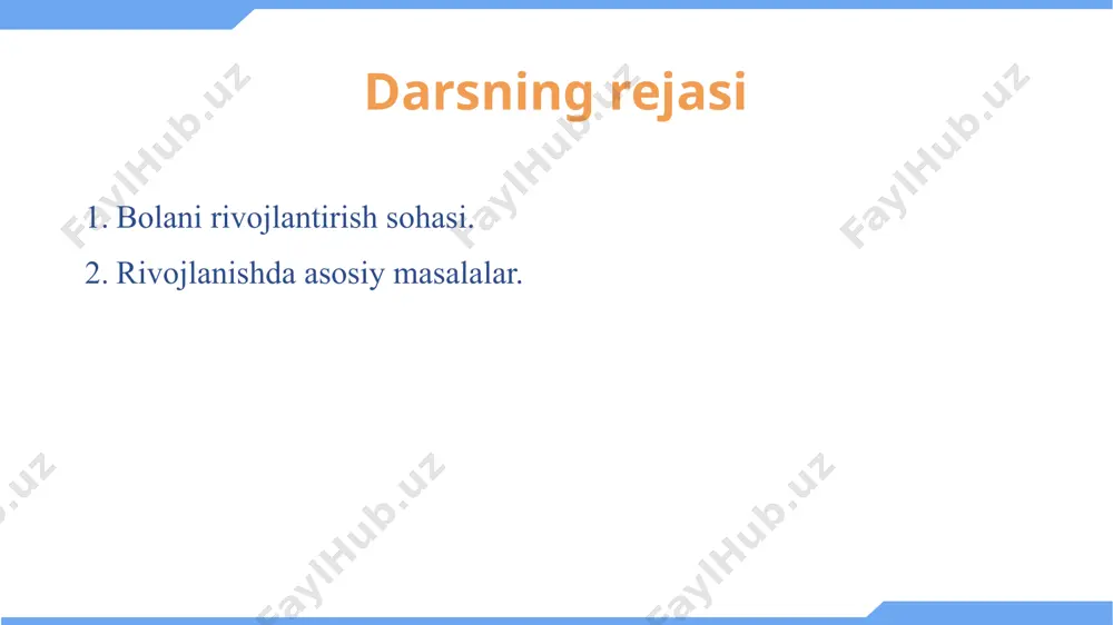 idrokida, tushunchalarida, xotirasida va tilida sodir bo`ladigan yoshga bog`liq o`zgarishlarni anglatadi. bu oilalar, maktablar va o`quvchilar jamoasida bolalarning tajribalari bilan rivojlangan o`zgarishlardir ijtimoiy-emotsional rivojlanish – his-tuyg`ular, o`z-o`zini anglash, motivatsiya, ijtimoiy munosabatlar va axloqiy fikrlash, xulq-atvorda yuzaga keladigan ko`plab o`zgarishlarni o`z ichiga oladi va bu ko`p jihatdan bolalarning boshqa odamlar bilan o`zaro munosabatlariga bog`liq 2-reja rivojlanishda asosiy masalalar rivojlanish psixologiyasi tarixidan mazkur psixologiya fanining sohasi alohida predmet sifatida xx asrning boshlarida vujudga kelgan, lekin dastlabki ildizi qadimgi yunon madaniyatiga borib taqaladi. uning predmeti va qonuniyatlari to‘g‘risida jahon psixologiyasi olamida turli qarashlar, nazariyalar mavjud. ularning juda keng tarqalganlari biogenetik (i. shtern), sotsiogenetik (k.levin), bixevioristik (e.torndayk), psixoanalitik (3.freyd) nazariyalardir. bola rivojlanishi taraqqiyoti bosqichlarida uchta asosiy muammo ajratiladi tabiat va tarbiya bolaning rivojlanishidagi genetik omillar va atrof-muhit ta’sirining birlashuvi universallik va xilma-xillik taraqqiyot yo`lidagi umumiylik va xilma-xillik sifat va miqdor o`zgarishi rivojlanish ko'pincha xatti-harakatlar va fikrlash jarayonlariga ko'plab kichik qo'shimchalar va o'zgartirishlar kiritib, bosqichma-bosqich …
