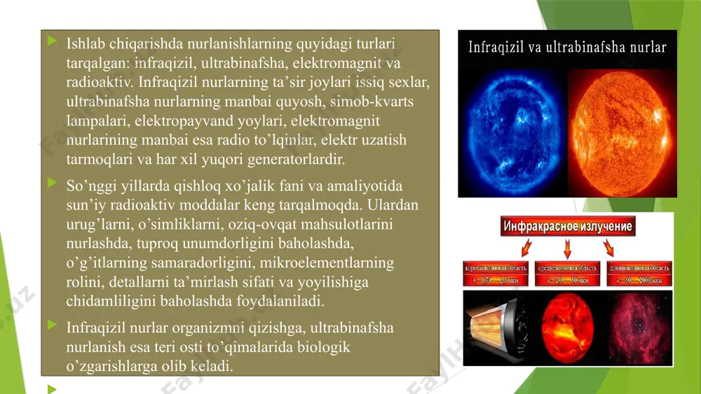 hi kostyumlar va skafandrlar. korjomalar - kombinezonlar, yarim kombinezonlar, ko‘rtkalar, shimlar, kostyumlar, xalatlar, plashlar, pustinlar, fartuklar, nimchalar. qo‘llarni himoya qilish vositalari - qo‘lkoplar. maxsus poyabzallar - yetiklar, kalta etiklar, botinkalar, kunjli botinkalar, tuflilar, kalish, botilar. extiyot moslamalari – extiyot kamarlari, diyelektrik gilamchalar, qo‘l changaklari, manipulyatorlar, tizzani, tirsakni va yelkani extiyot qilish moslamalari. himoyalovchi dermotologik vositalar–yuviladigan pastalar, kremlar, moylar. shaxsiy himoya vositalari bilan ta’minlash, ularni o‘z vaqtida almashtirish, ta’mirlash va ularni vazifalari bo‘yicha ishlatilishi yuzasidan korxona ma’muriyatiga, mehnatni muhofaza qilish muhandisiga quyidagicha vazifalar yuklanadi: ishchi va xizmatchilarga shvlarni berish bo‘yicha nazorat va hisobot ishlarini tashkil qilish, ulardan ish paytida to‘ri foydalanishni, buzilgan, ifloslangan hollarda esa ularni qo‘llashni ta’qiqlashni nazorat qilish. shvlarini belgilangan muddatlarda muntazam ravishda sinovdan o‘tkazish, ularning sozligini tekshirib turish hamda ularning himoya xossalari pasaygan filtrlari, oynalari va bosha qismlarini o‘z vaqtida almashtirish va tekshirilgan vositalarga kelgusi sinov muddati haqida tamg‘a qo‘yish. tozalash, yuvish, ta’mirlash, zararsizlantirish va changsizlantirishishlarini o‘z vaqtida …