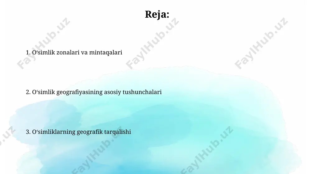 liklarning tuzga chidamliligi bilan bogʻliq boʻlib, halofit oʻsimliklarning koʻp tarqalganligini belgilaydi. oʻsimliklar geografiyasining amaliy ahamiyati oʻsimliklar geografiyasi maʼlumotlari 300 ming gektar maydonda paxta yetishtirish uchun optimal sharoitlarni aniqlashda, unumdorligi yuqori boʻlgan navlarni tanlashda va hosildorlikni 15% ga oshirishda muhim rol oʻynaydi. oʻsimliklar geografiyasi 200 dan ortiq oʻsimlik turlarining tarqalishini oʻrganish orqali, masalan, qoraqalpogʻiston choʻllarida uchraydigan shuvoqlarning chidamliligini baholashga va ularni choʻl sharoitida yerni muhofaza qilishda qoʻllashga yordam beradi. iqlimi va oʻsimliklarning geografik tarqalishi oʻrta osiyo choʻllarida, masalan, qoraqalpogʻistonning 50% dan ortiq maydonini egallaydigan qizilqum choʻlida, yillik yogʻin miqdori 100 mm dan kam boʻlib, bu sharoitda faqat choʻl oʻsimliklari, masalan, saksovul va shuvoqlar oʻsadi. ekvator yaqinidagi mintaqalarda, masalan, amazon oʻrmonlarida, yillik harorat 25°c atrofida boʻlib, yillik yogʻin miqdori 2000 mm dan oshadi, bu esa dunyodagi eng boy bioxilma-xillikka ega boʻlgan tropik oʻrmonlarning shakllanishiga olib keladi. oʻsimliklarning geografik tarqalishi oʻsimliklarning 3000 dan ortiq turi oʻzbekistonning togʻli hududlarida, xususan, gʻissar va pamir-oloy togʻ …