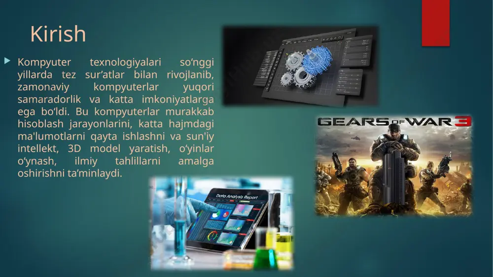 r yaratmoqda. ai yordamida tasvirlarni tahlil qilish, ovozni tanish, avtomatik jarayonlarni boshqarish, va murakkab tahlil qilish mumkin. 2.5. virtual reallik (vr) va kengaytirilgan reallik (ar): zamonaviy kompyuterlar virtual va kengaytirilgan reallik texnologiyalari uchun kuchli platformalarga ega. vr headsetlar (oculus rift, htc vive) zamonaviy grafik kartalar va kuchli protsessorlar yordamida qo‘llab-quvvatlanadi. 2.6. bulutli hisoblash (cloud computing): bulutli texnologiyalar yordamida kompyuter foydalanuvchilari o‘zining apparat va dasturiy resurslarini onlayn bulut xizmati orqali kengaytirishi mumkin. amazon web services (aws), microsoft azure, va google cloud bulutli hisoblash xizmatlarini taqdim etadi. hozirgi zamonaviy kompyuterlarning texnik parametrlari protsessorlar (cpu): intel core i9-13900k -24 yadro (8 ta performance yadro va 16 ta efficient yadro) -5.8 ghz gacha tezlik -32 mb kesh amd ryzen 9 7950x: -16 yadro, 32 ta jarayon oqimi -5.7 ghz gacha chastota -80 mb kesh grafik kartalar (gpu): nvidia geforce rtx 4090: 24 gb gddr6x xotira 16,384 cuda yadrosi 4k va 8k o‘yinlarni qo‘llab-quvvatlaydi, ray …