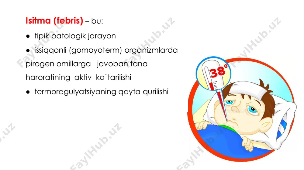 ta bosqichi farqlanadi: i. haroratning ko`tarilishi (status incrementi) ii. yuqori harorat saqlanish (status fastigi) iii. haroratning pasayishi (status decrementi) bosqichlari i. status incrementi vaqt h aro rat prostoglandin samf issiqlik ajratuvchi markaz issiqlik hosil qiluvchi markaz simpatoadreanal sistema qisqaruvchi termogenez teri va qo`l-oyoqdagi qon- tomirlar vazokonstriksiyasi tuklarni ko`taruvchi muskul → piloereksiya (“g`oz terisi”) ● po`stloqosti harakatlantiruvchi markaz → skelet muskuli → tonus →qaltirash qisqarishga bog`liq bo`lmagan ● termogenez ● metabolizm ● eng ahamiyatlisi : katexolamin → qo`ng`ir yog` to`qimasi → yog`larning oksidlanishi + “o’rnatuvchi nuqta” hujayrasida ● terida vazokonstriksiya → terida harorat pasayishi → sovuqni sezuvchi retseptorlar → bosh miya po`stlog`i → sovuq qotish ii. status fastigi ✓ issiqlik hosil bo`lishi = issiqlik ajratish vaqt h aro rat iii. status decrementi h aro rat vaqt il-1 ning o`rnatuvchi nuqta neyronga ta`siri to`xtasa pge₁ , pge₂ termostat neyrondan keladigan signalga sezuvchanligi tiklanadi tanada harorat yuqori ekanligi seziladi issiqlik hosil qiluvchi markaz …
